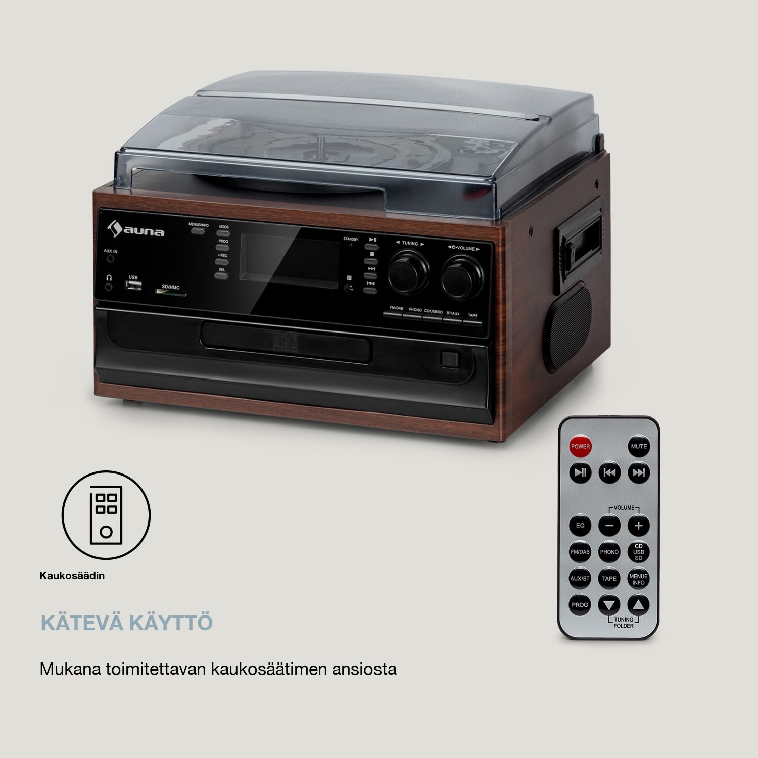 Oakland DAB -retro-stereolaite DAB+/FM BT-toiminto vinyyli CD kasetti Pähkinä