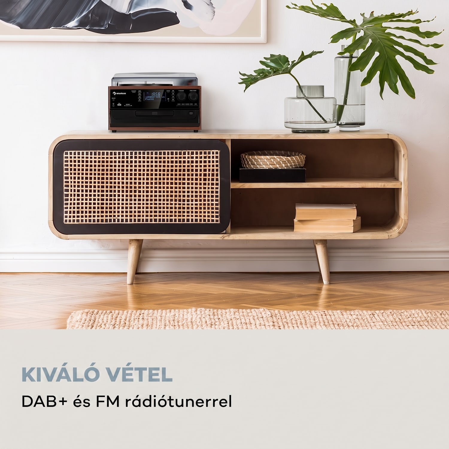 Oakland DAB, retro sztereó rendszer, DAB+/FM, BT funkció, bakelit, CD, kazettás magnó Diófa