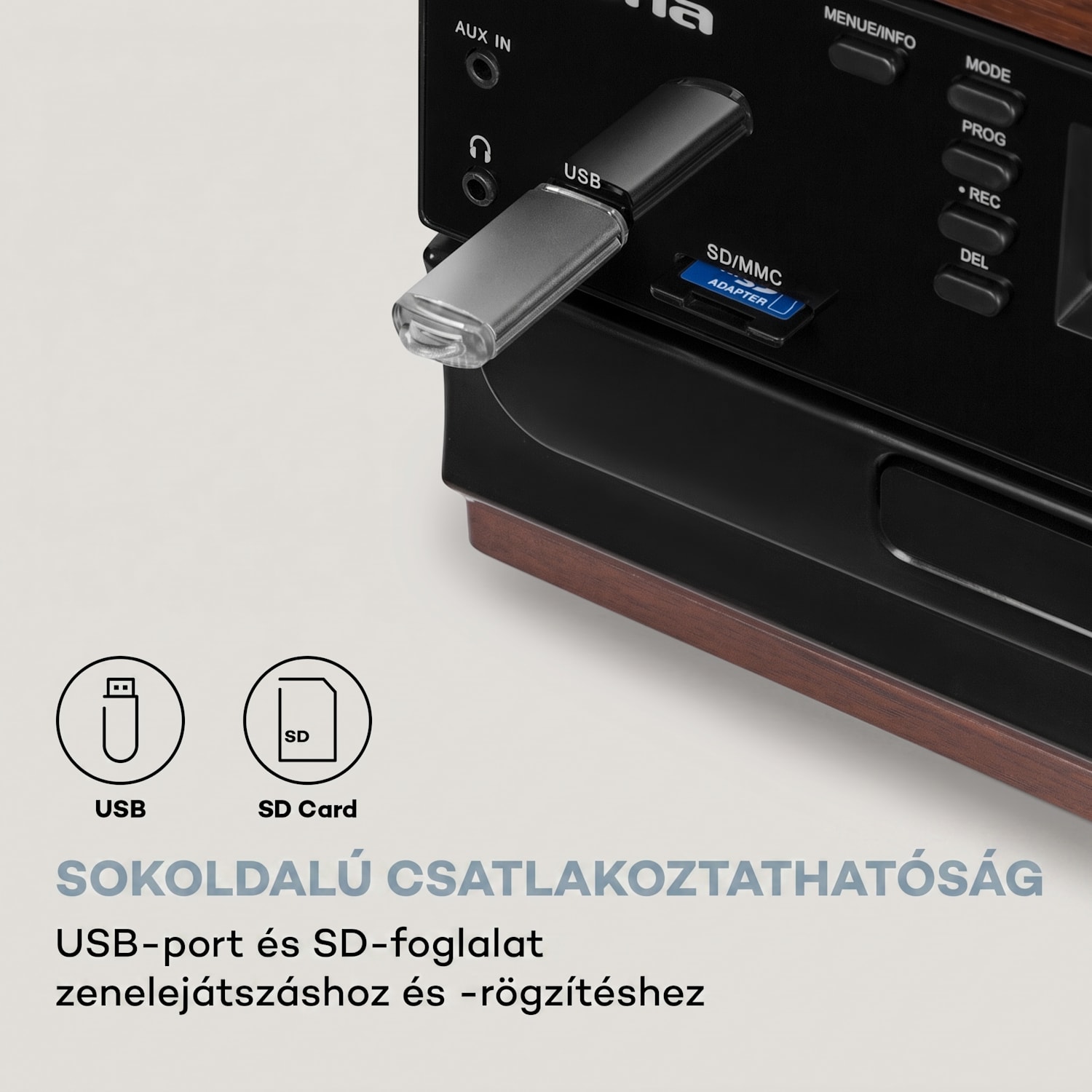 Oakland DAB, retro sztereó rendszer, DAB+/FM, BT funkció, bakelit, CD, kazettás magnó Diófa