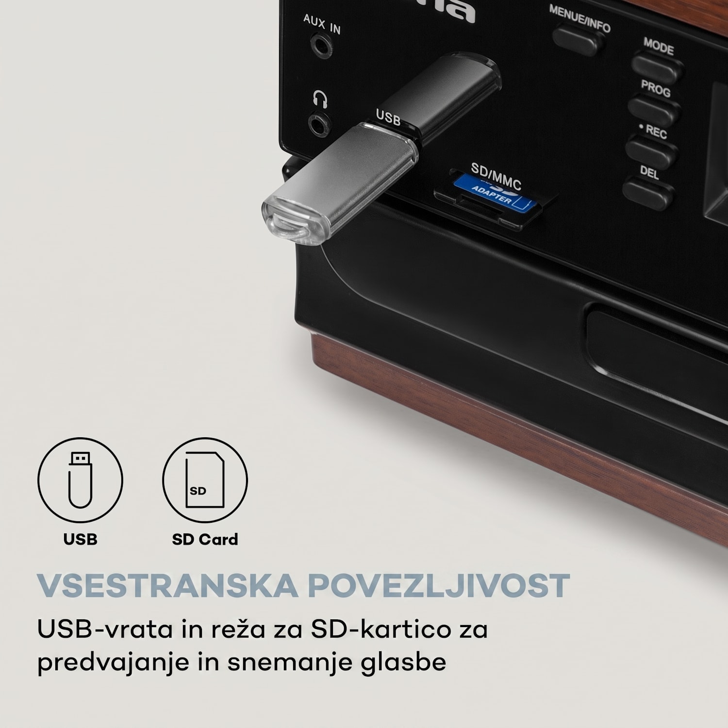 Oakland DAB, retro stereo sistem, DAB+/FM, funkcija BT, predvajalnik vinilnih plošč, CD-zgoščenk in kaset Oreh