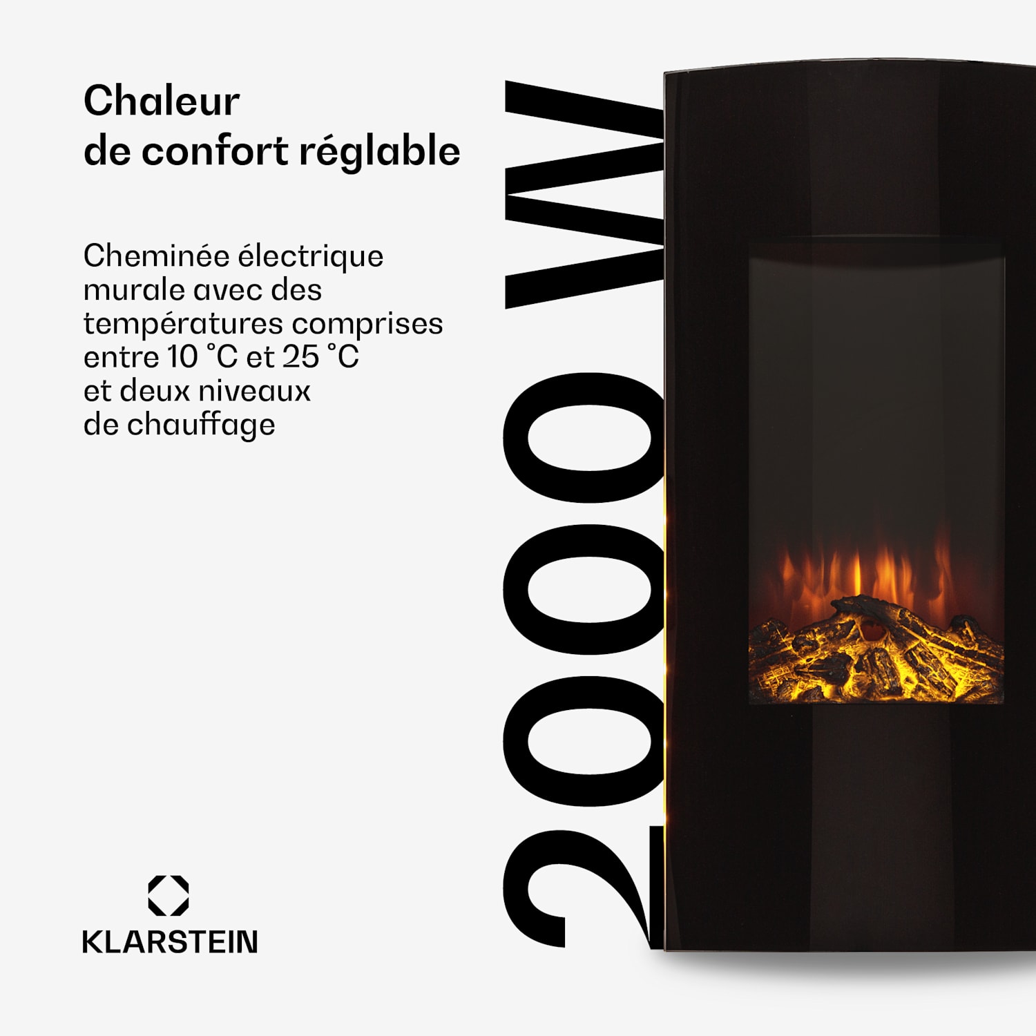 Klarstein Lamington Cheminée électrique 2000 W Flammes LED Chauffage à air pulsé Minuterie éclairage d'ambiance Crna