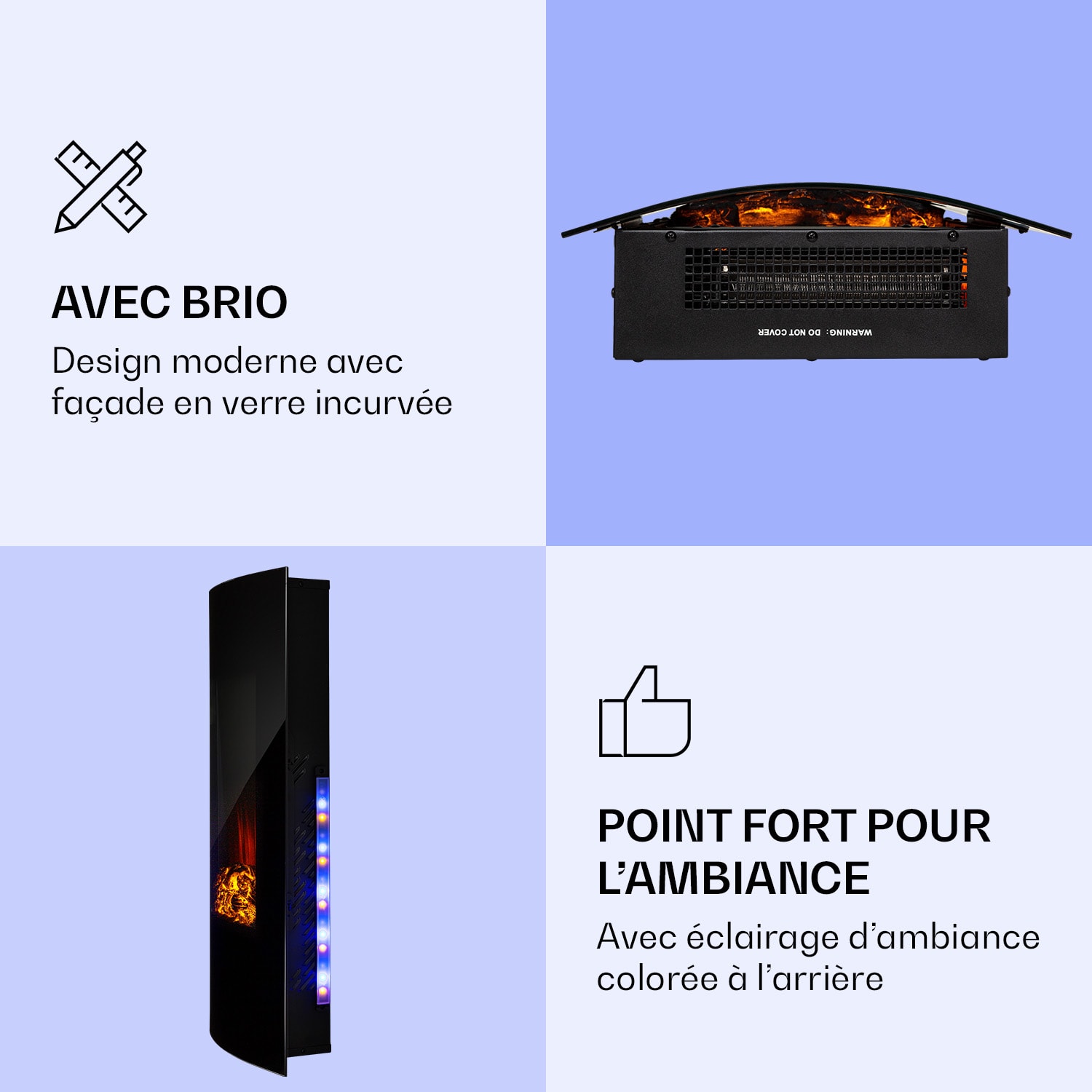 Klarstein Lamington Cheminée électrique 2000 W Flammes LED Chauffage à air pulsé Minuterie éclairage d'ambiance 