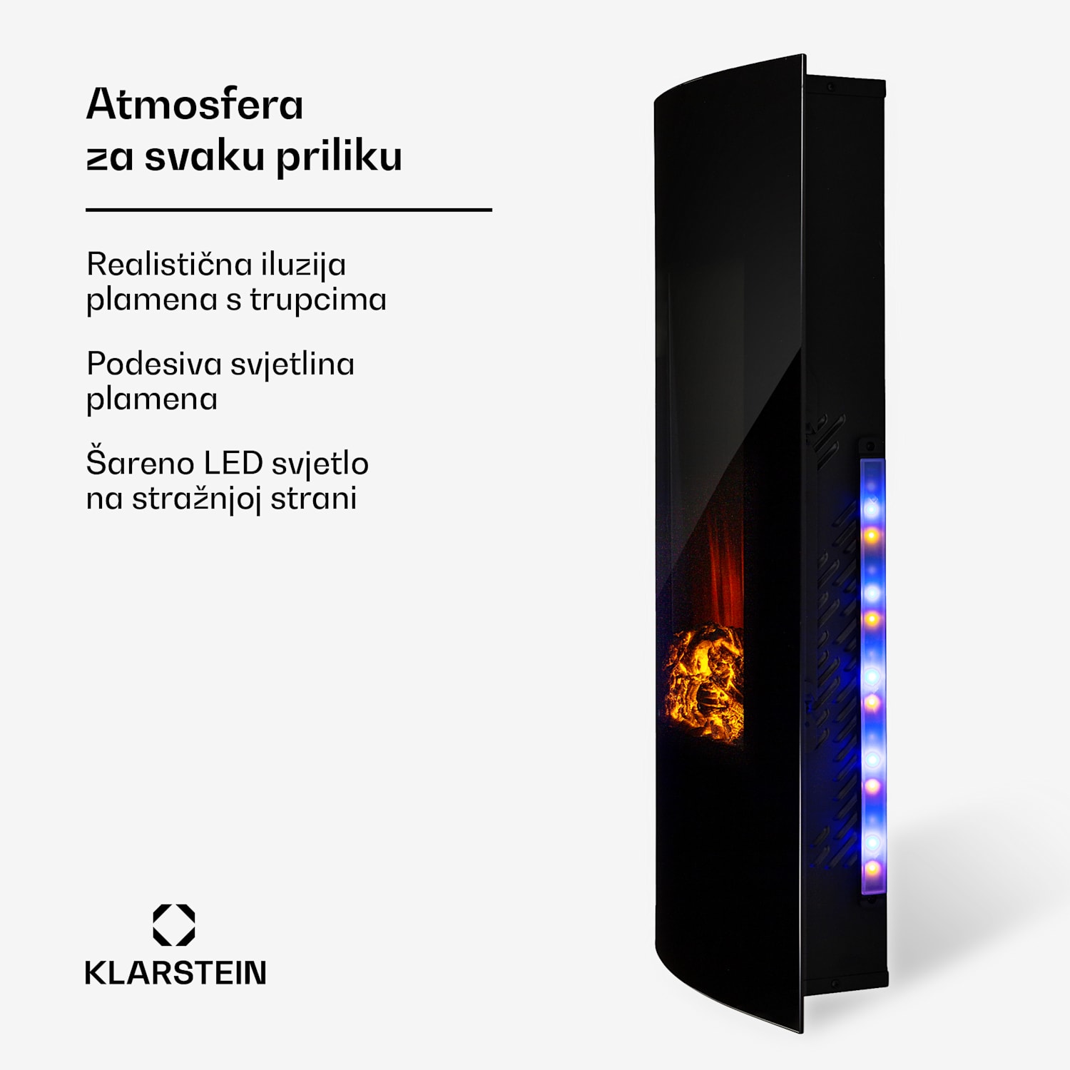 Lamington, električni kamin, 2000 W, LED plamen, grijač na topli zrak, timer, rasvjeta Crna