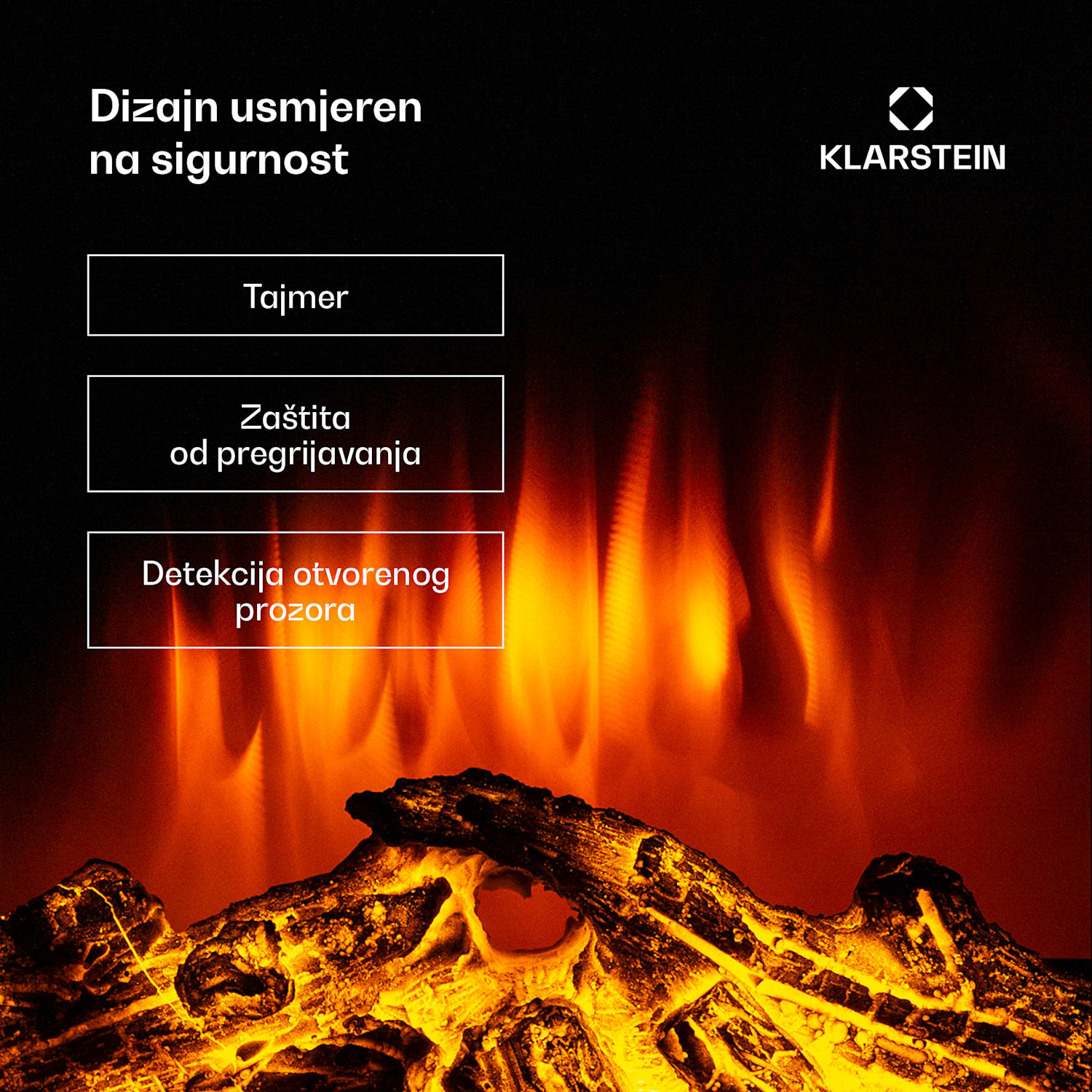 Lamington, električni kamin, 2000 W, LED plamen, grijač na topli zrak, timer, rasvjeta Crna