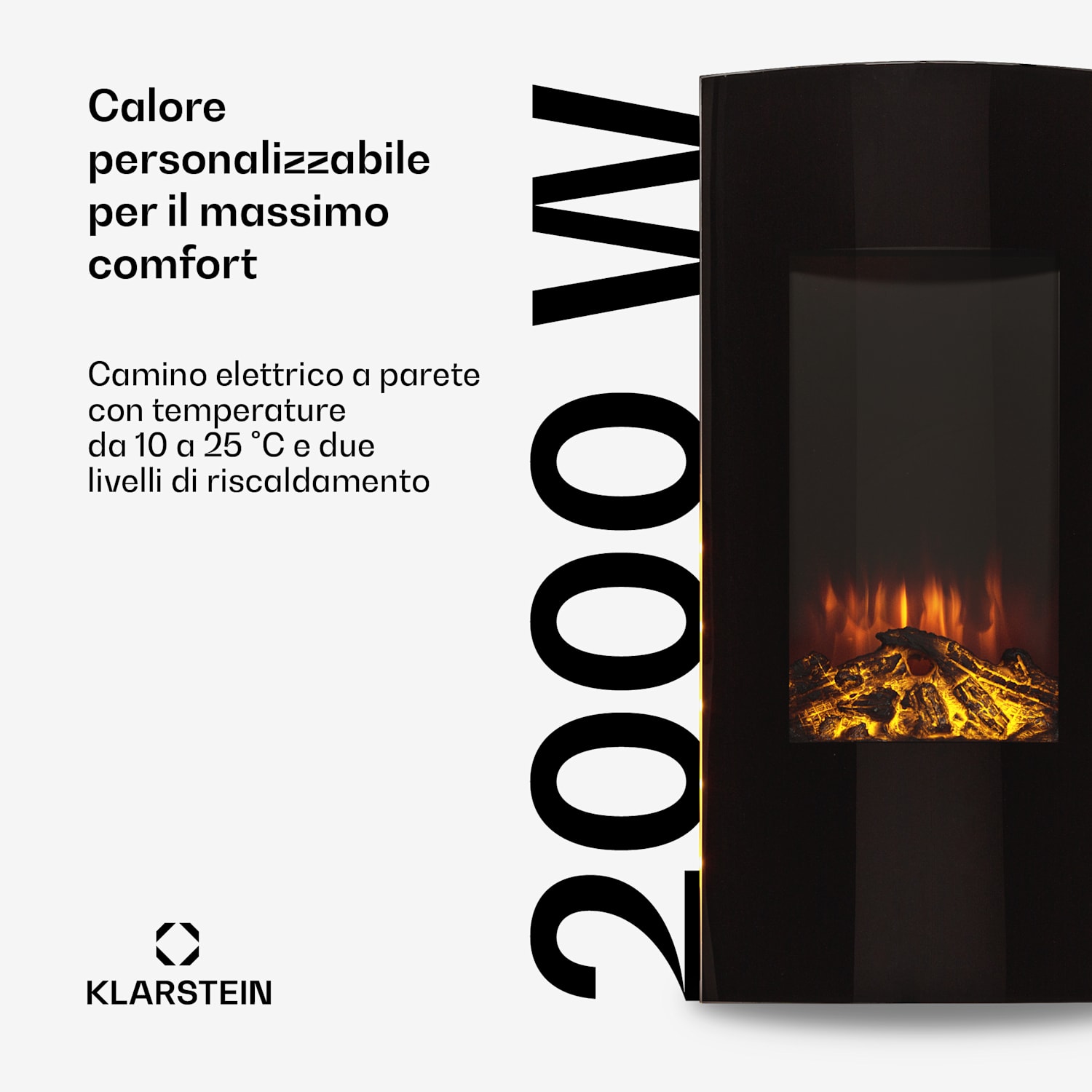 Klarstein Lamington - Camino elettrico, 2000 W, fiamme LED, termoventilatore, timer, luce ambiente Nero