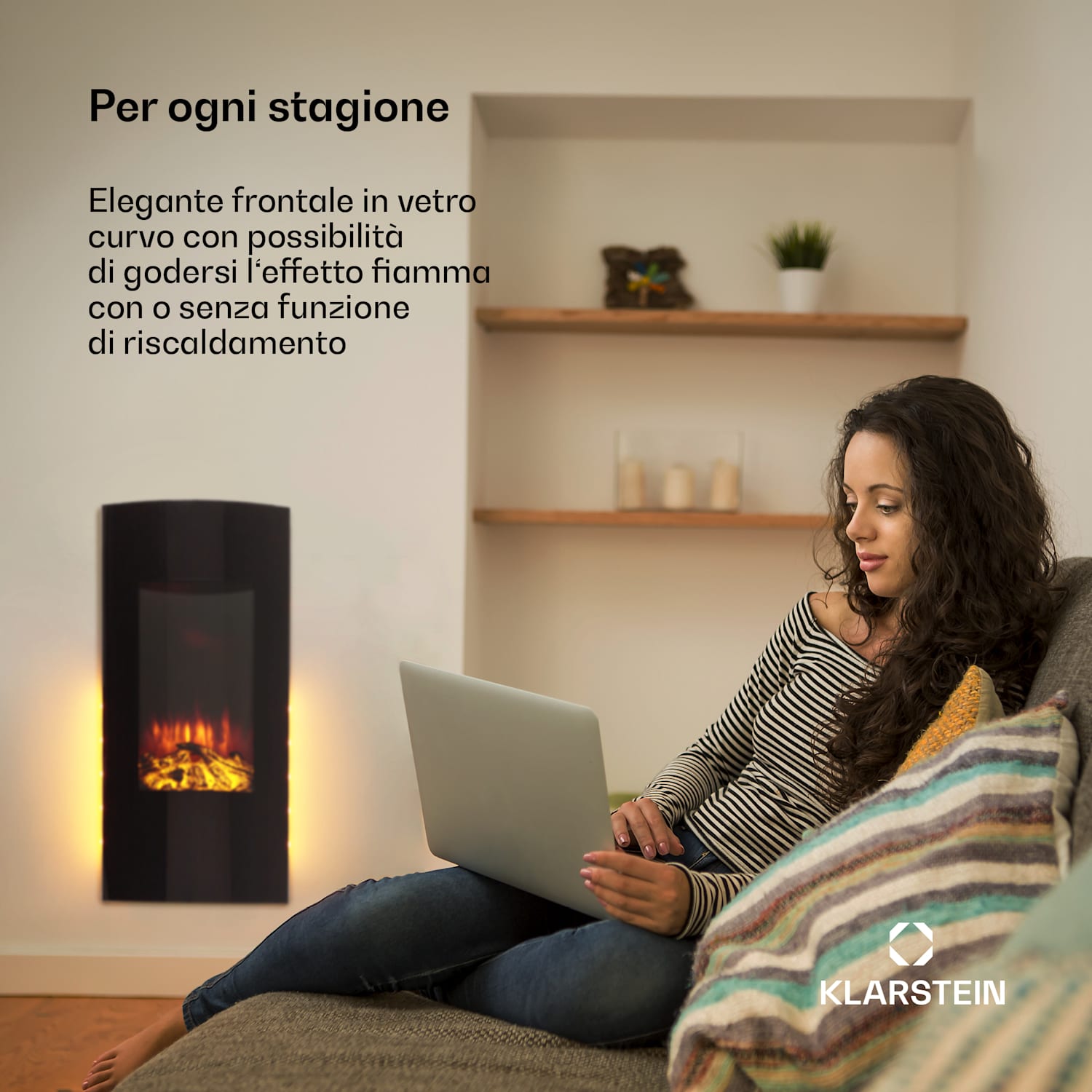 Klarstein Lamington - Camino elettrico, 2000 W, fiamme LED, termoventilatore, timer, luce ambiente 
