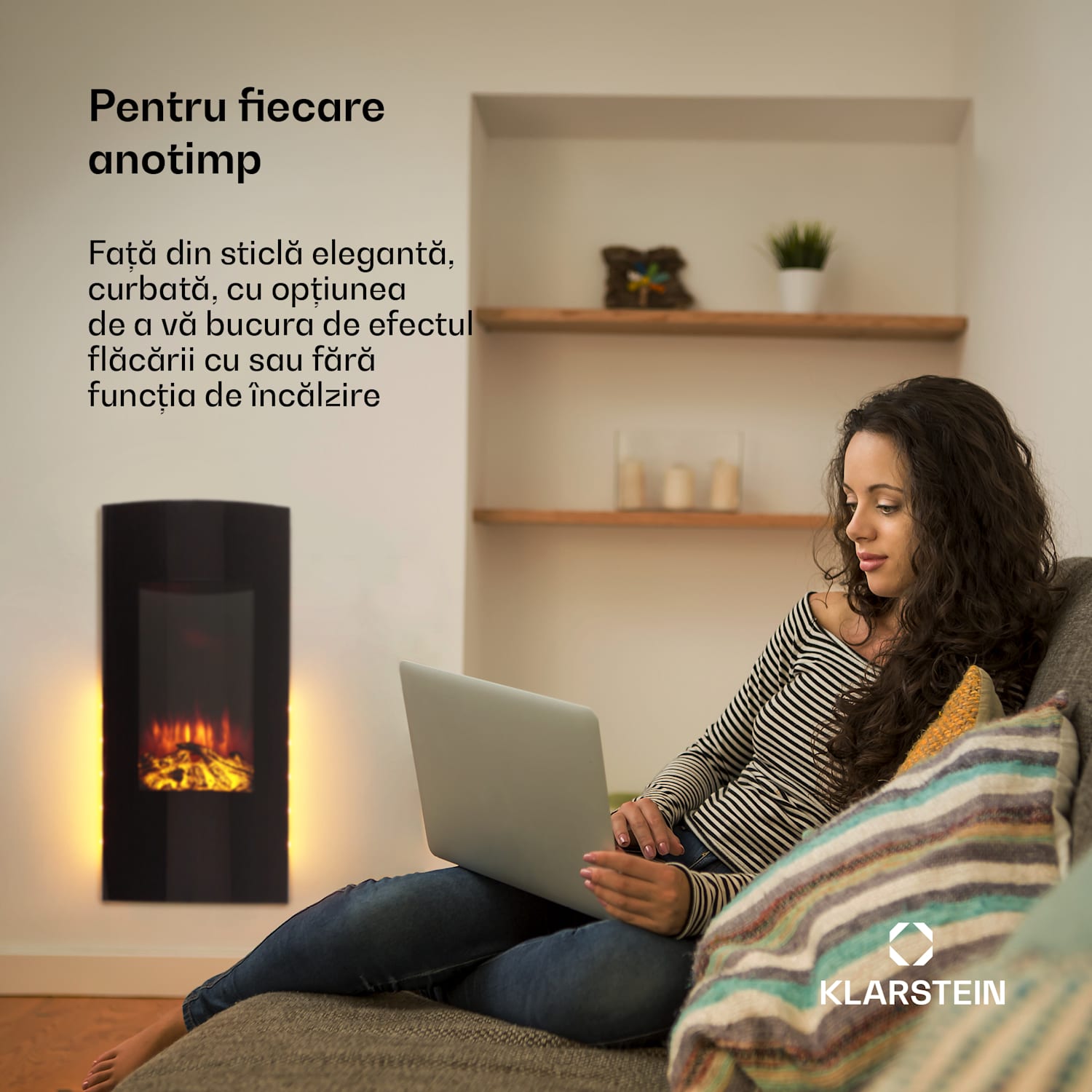 Lamington, șemineu electric, 2000 W, flacără LED, încălzitor cu aer cald, cronometru, iluminat Negru