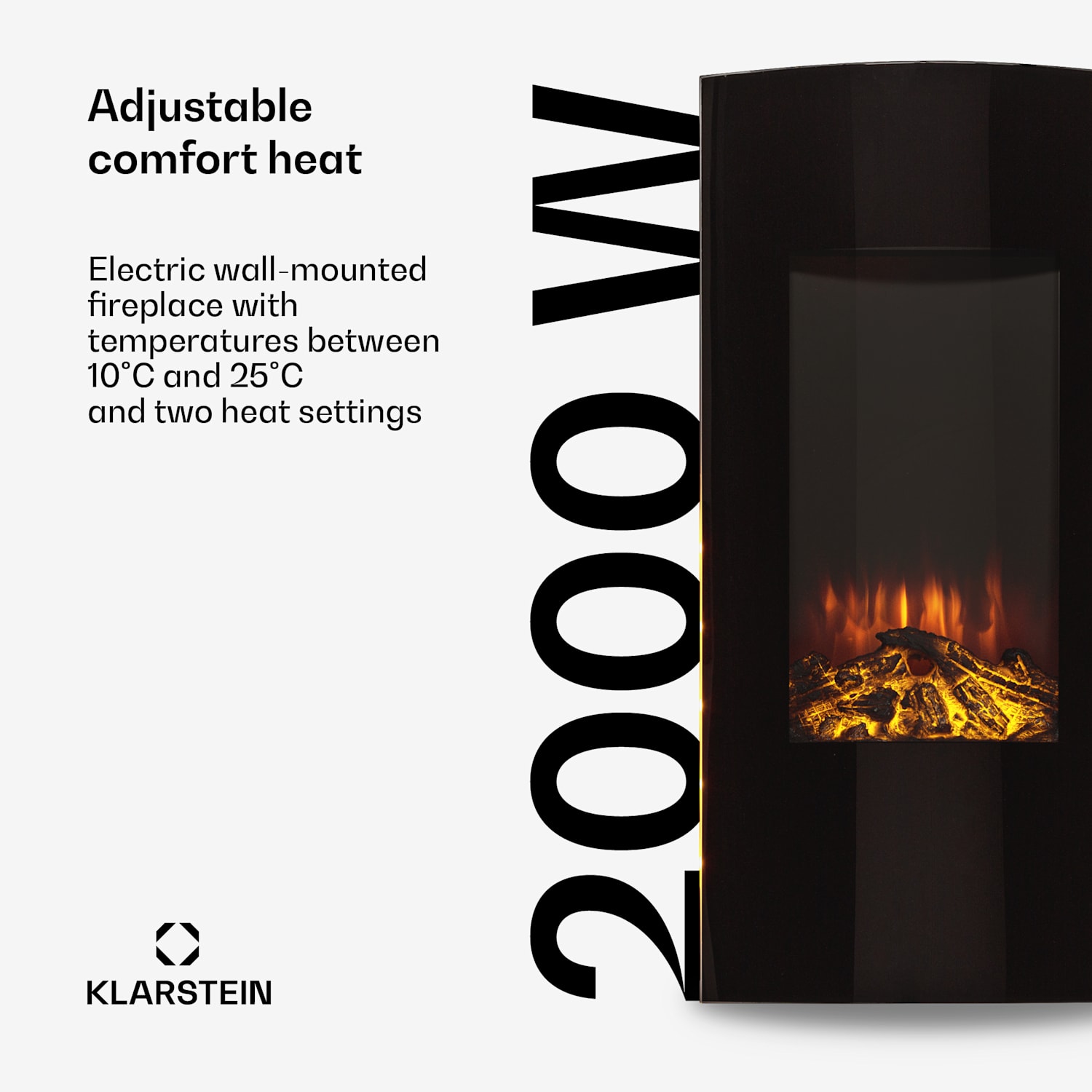 Lareira Eléctrica Lamington da Klarstein 2000 W Chamas LED Aquecimento Temporizador Luz Ambiente Preto