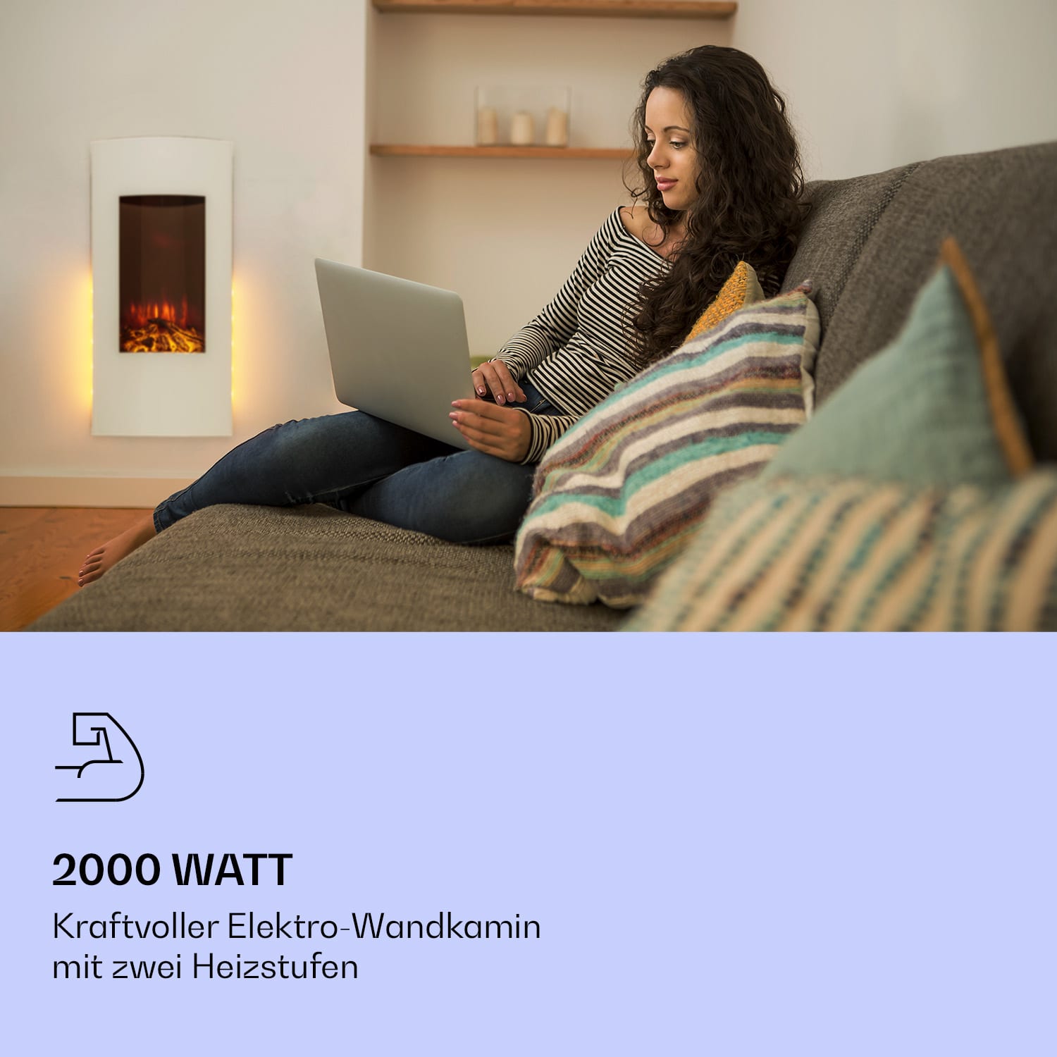Klarstein Lamington Elektrokamin 2000 W LED-Flammen Heizlüfter Timer Ambientelicht Weiß