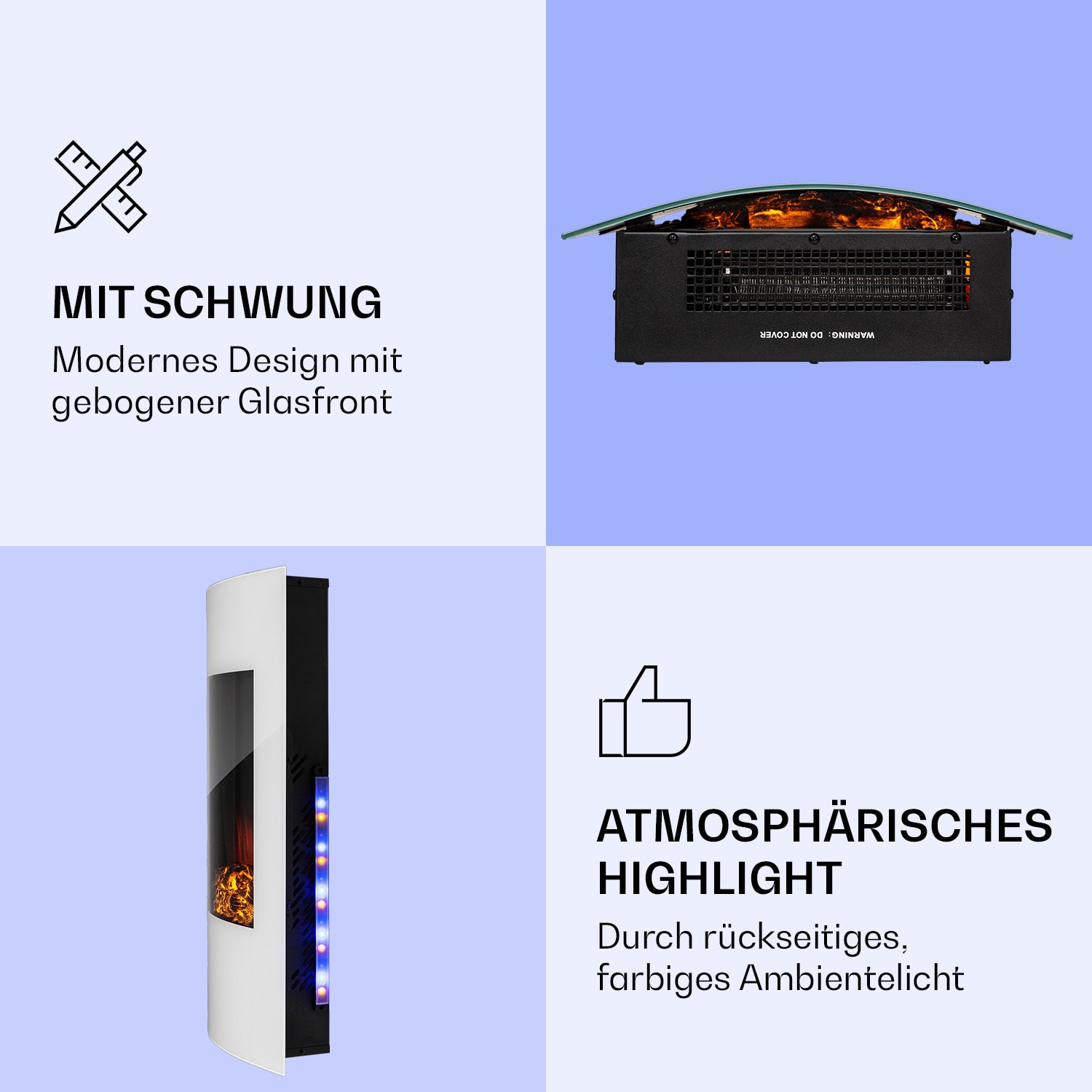 Klarstein Lamington Elektrokamin 2000 W LED-Flammen Heizlüfter Timer Ambientelicht Weiß