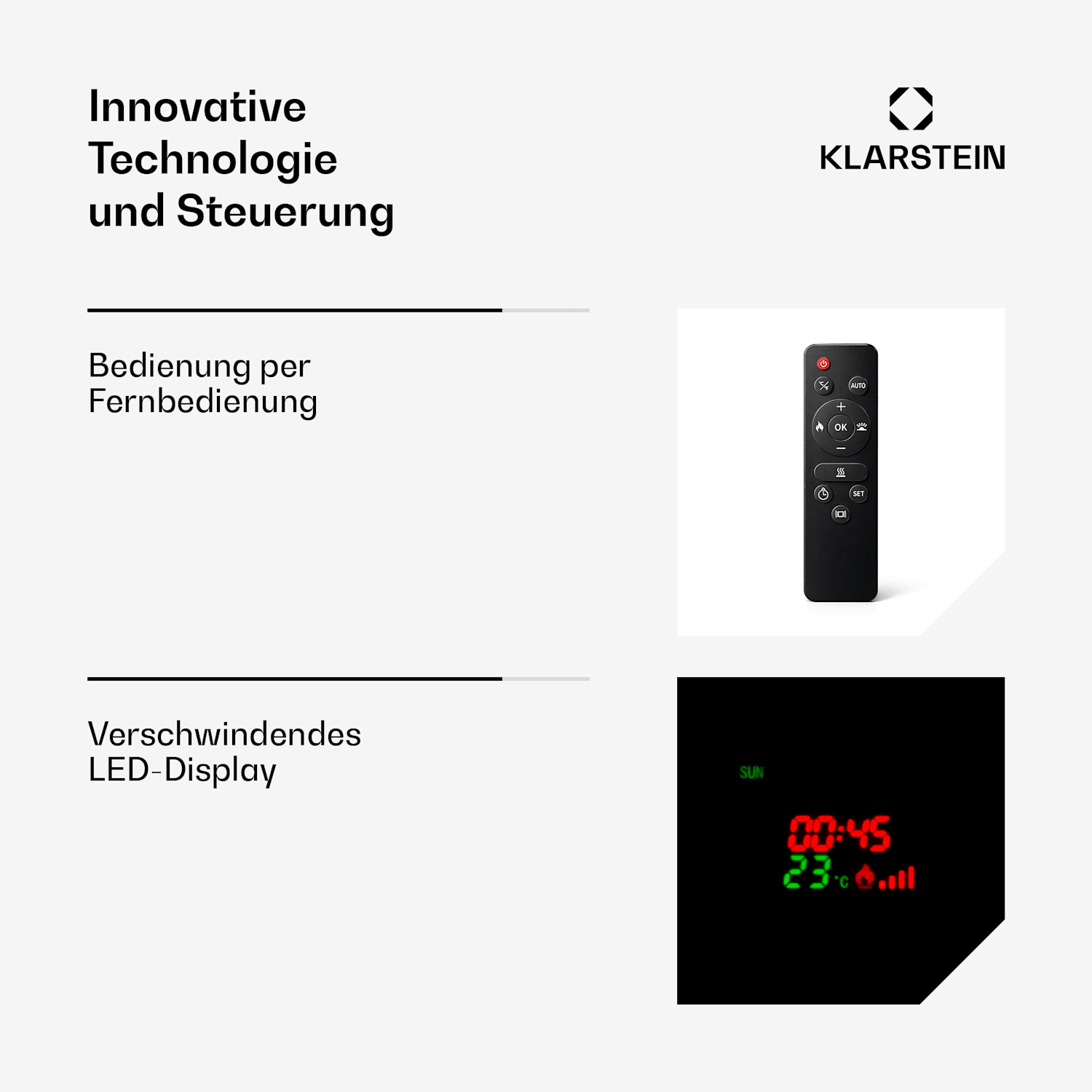 Klarstein Lamington Elektrokamin 2000 W LED-Flammen Heizlüfter Timer Ambientelicht Weiß