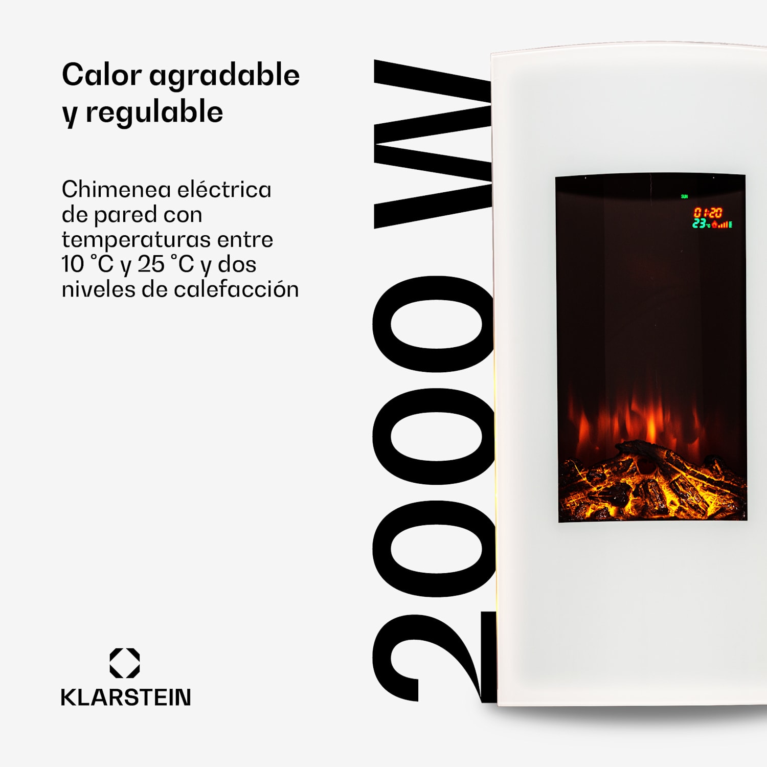 Klarstein Lamington Chimenea eléctrica 2000 W llamas LED calefacción temporizador luz ambiental Blanco