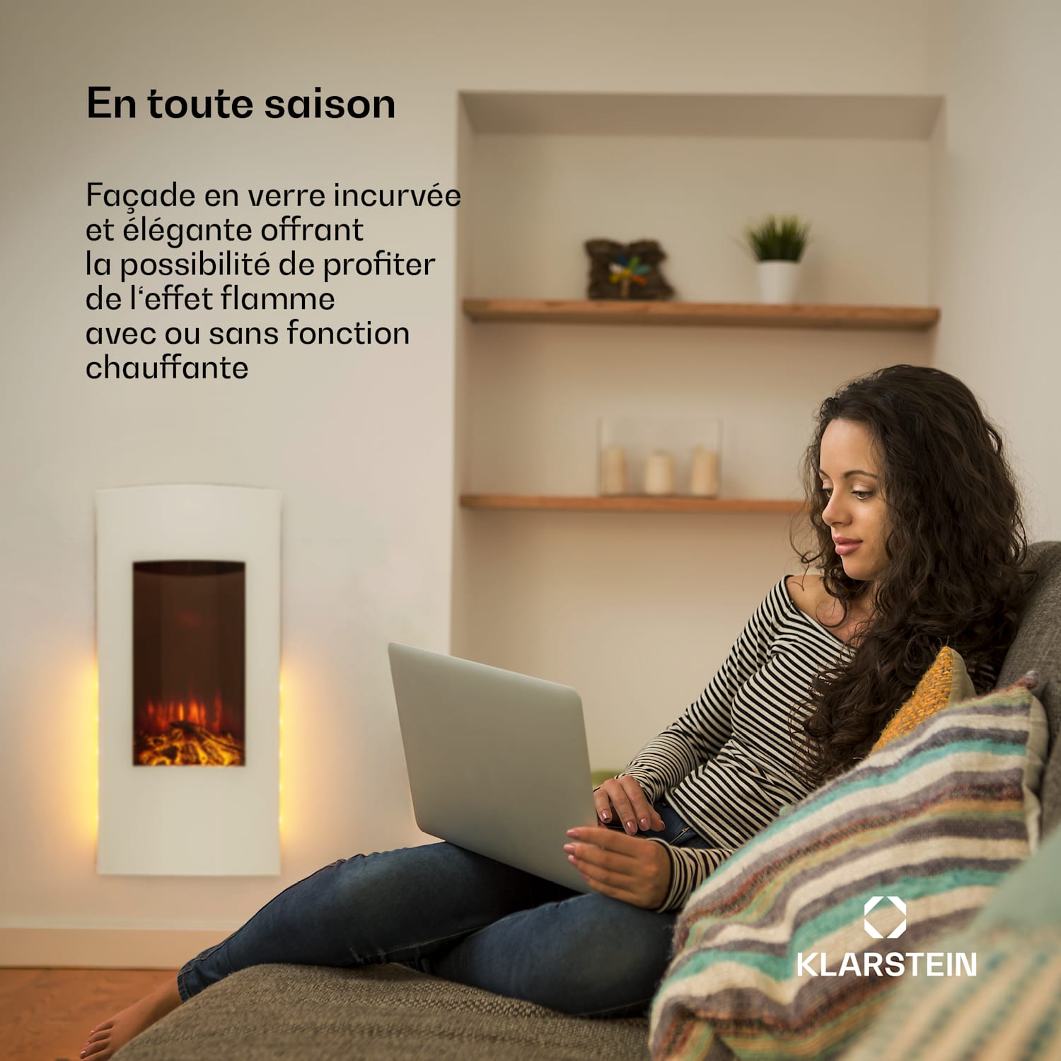 Klarstein Lamington Cheminée électrique 2000 W Flammes LED Chauffage à air pulsé Minuterie éclairage d'ambiance 