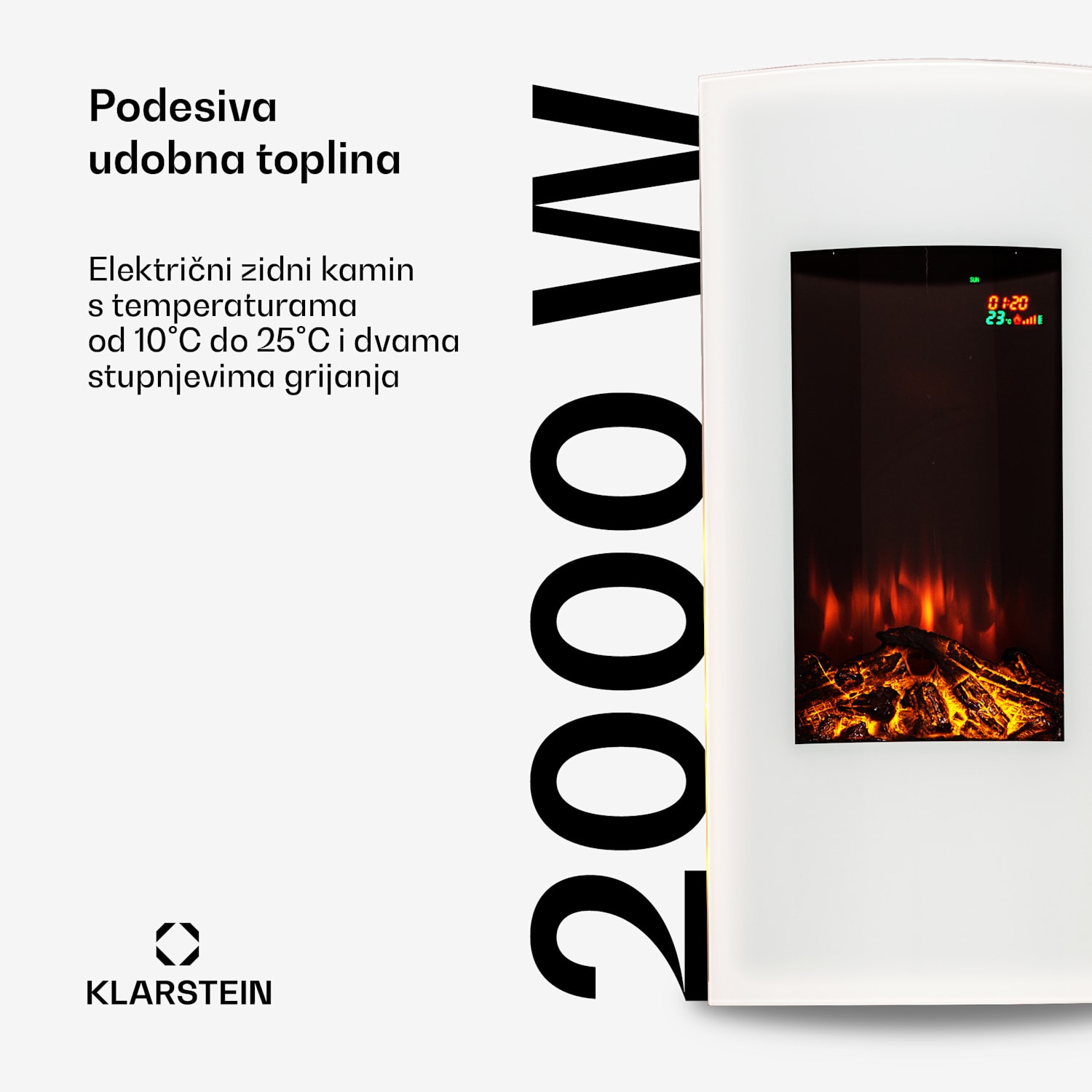 Lamington, električni kamin, 2000 W, LED plamen, grijač na topli zrak, timer, rasvjeta 