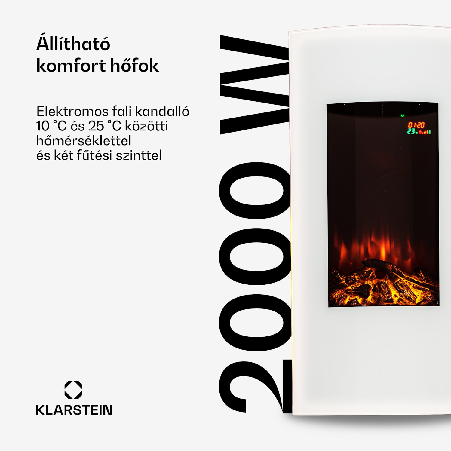 Lamington, elektromos kandalló, 2000 W, LED láng, forrólevegős fűtőtest, időzítő, világítás Fehér