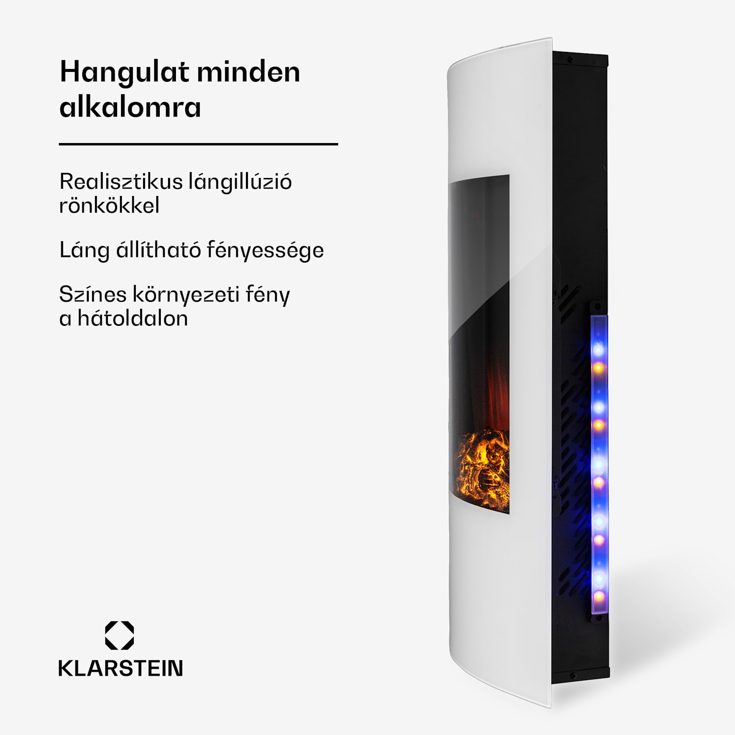 Lamington, elektromos kandalló, 2000 W, LED láng, forrólevegős fűtőtest, időzítő, világítás Fehér
