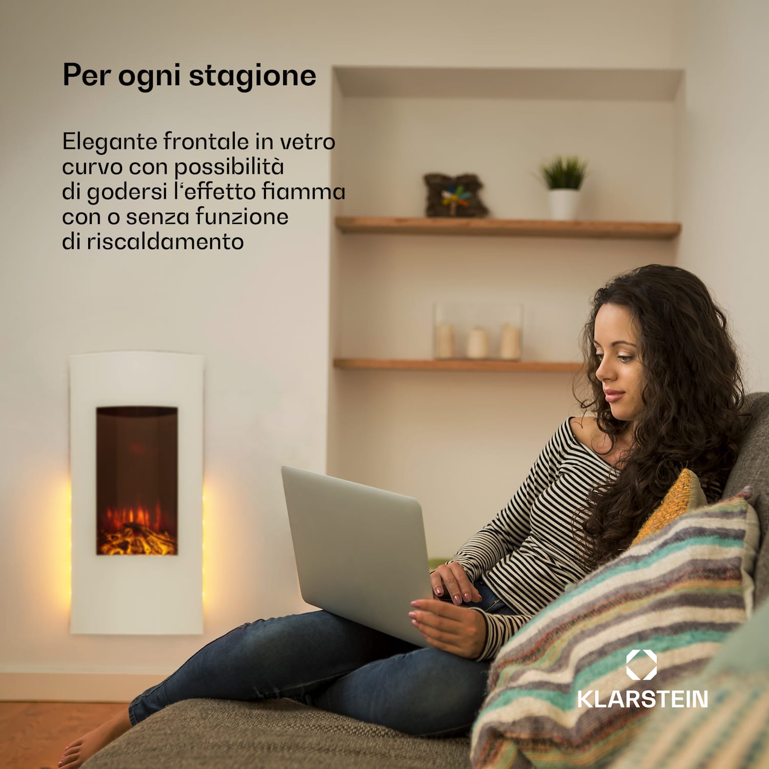 Klarstein Lamington - Camino elettrico, 2000 W, fiamme LED, termoventilatore, timer, luce ambiente Branco