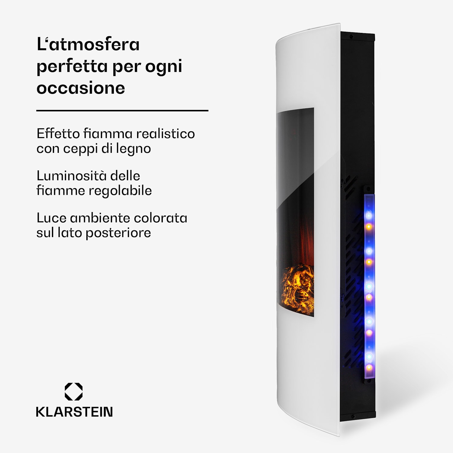 Klarstein Lamington - Camino elettrico, 2000 W, fiamme LED, termoventilatore, timer, luce ambiente Branco