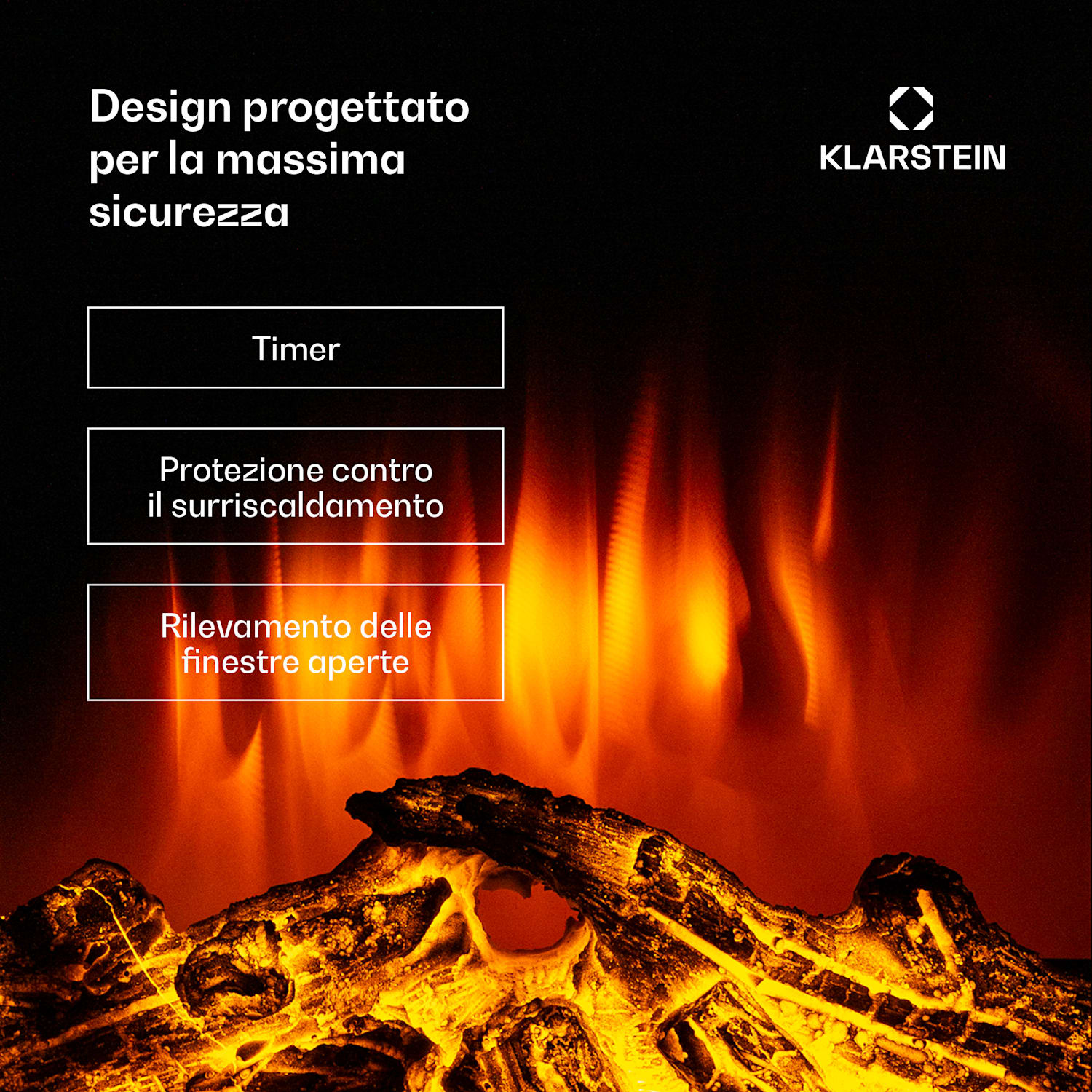 Klarstein Lamington - Camino elettrico, 2000 W, fiamme LED, termoventilatore, timer, luce ambiente Branco