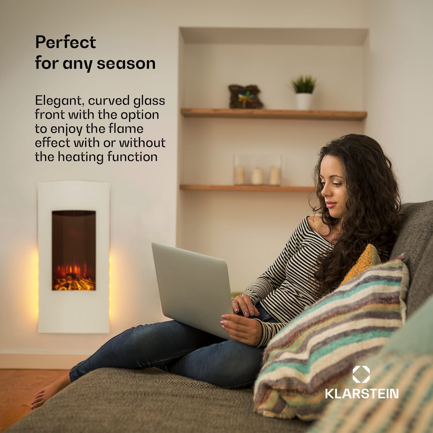 Klarstein Lamington electric fireplace 2000 W LED flames fan heater timer ambient light White