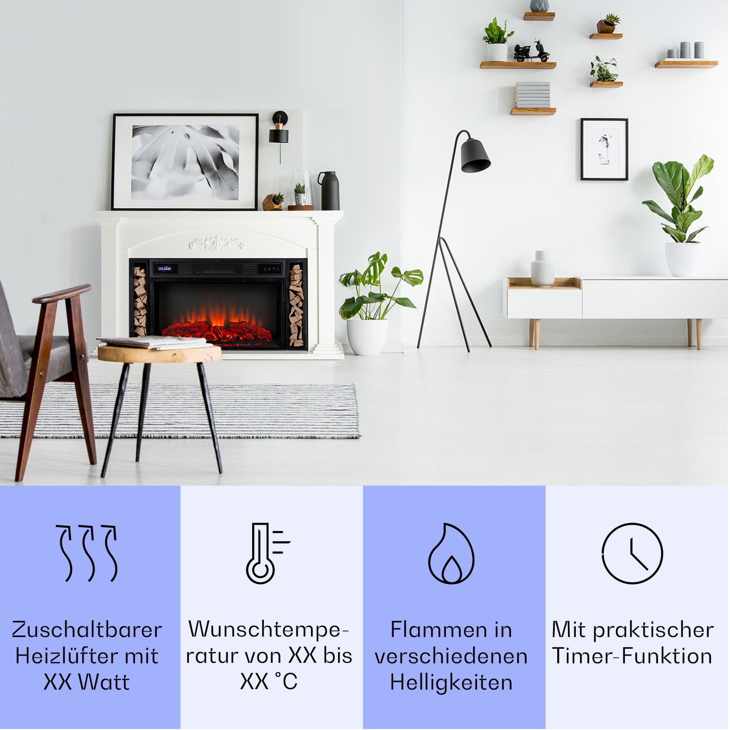 Villarrica Cheminée électrique 1900 W Technologie LED encastrement mural Télécommande  