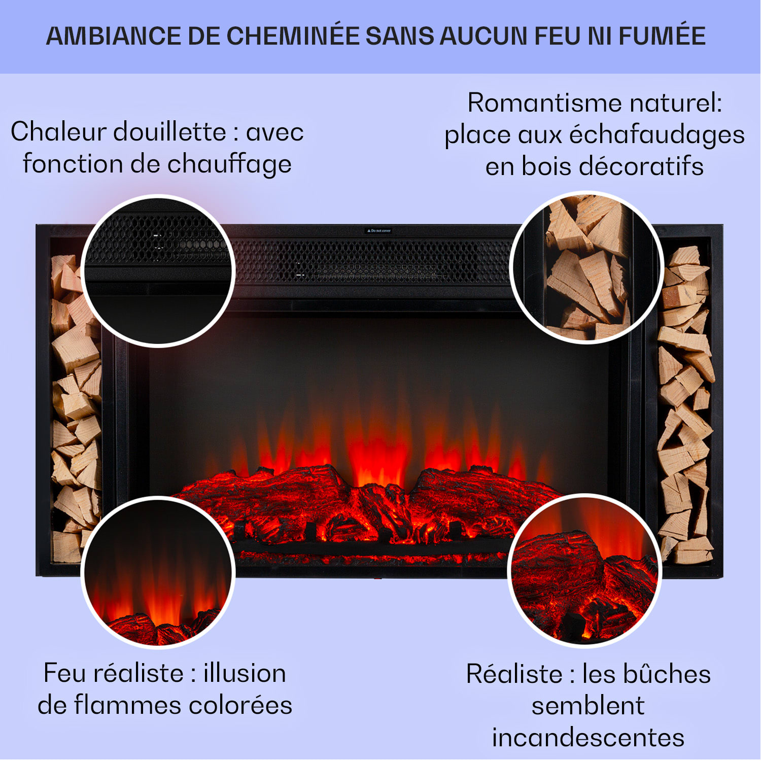 Villarrica Cheminée électrique 1900 W Technologie LED encastrement mural Télécommande  