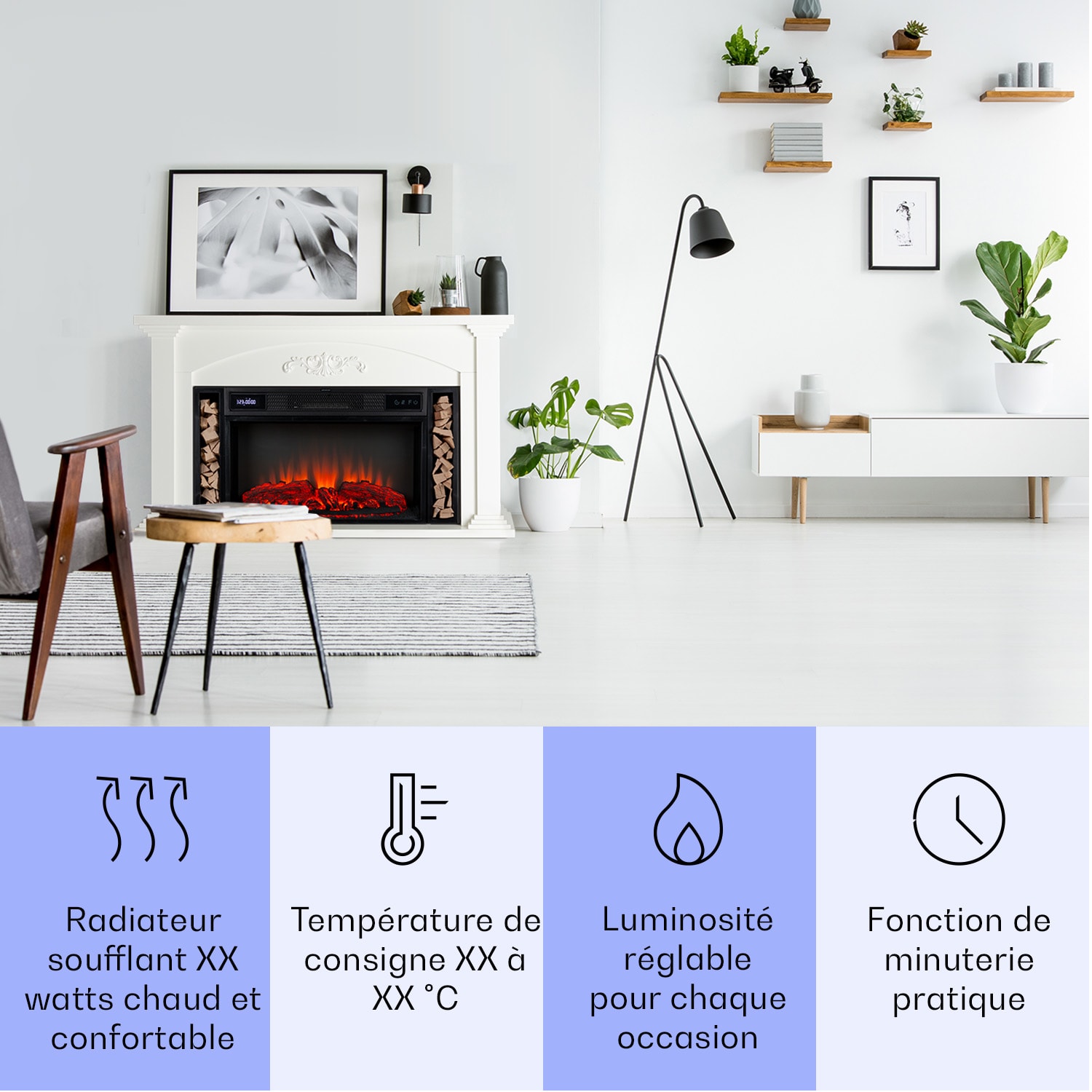 Villarrica Cheminée électrique 1900 W Technologie LED encastrement mural Télécommande  