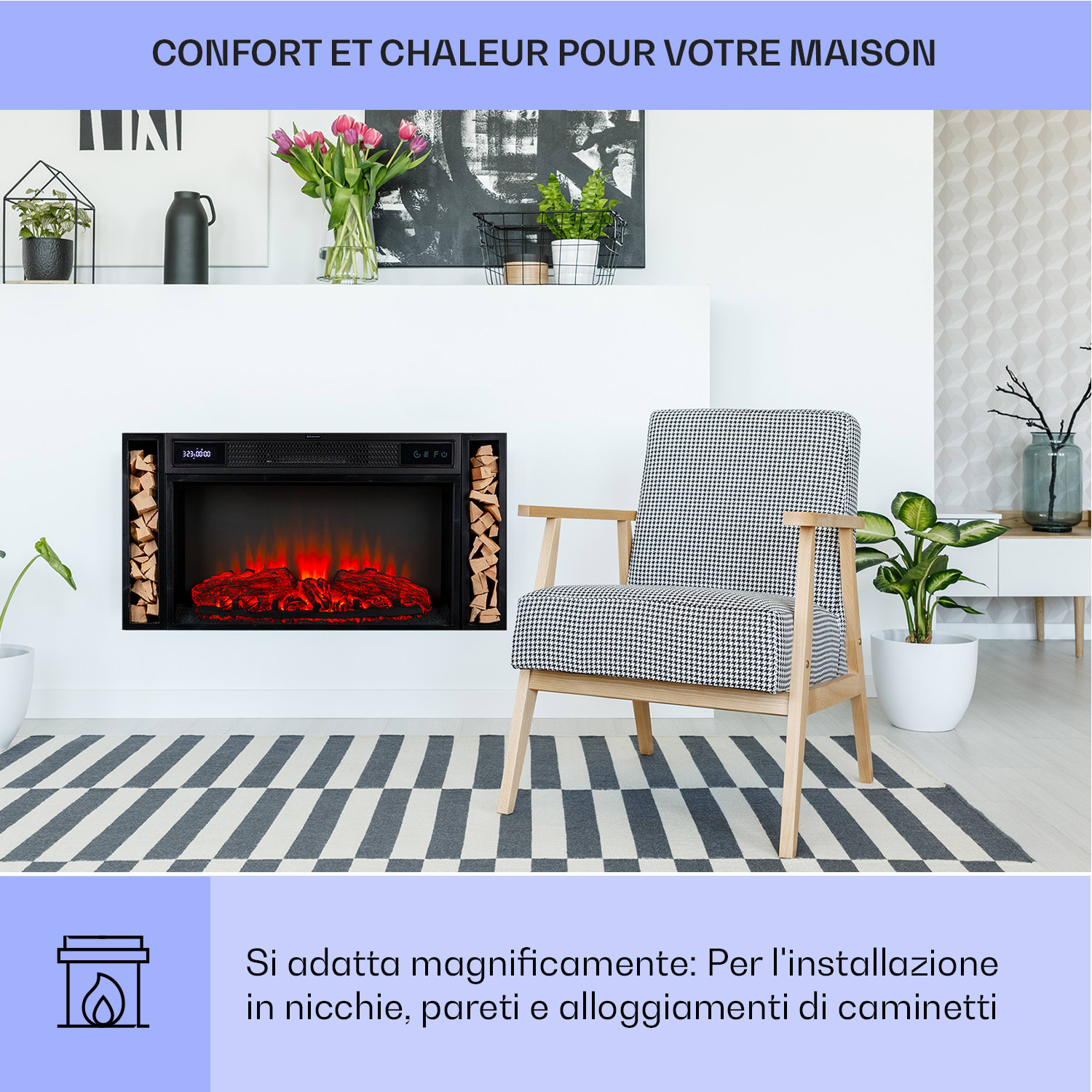 Villarrica Cheminée électrique 1900 W Technologie LED encastrement mural Télécommande  
