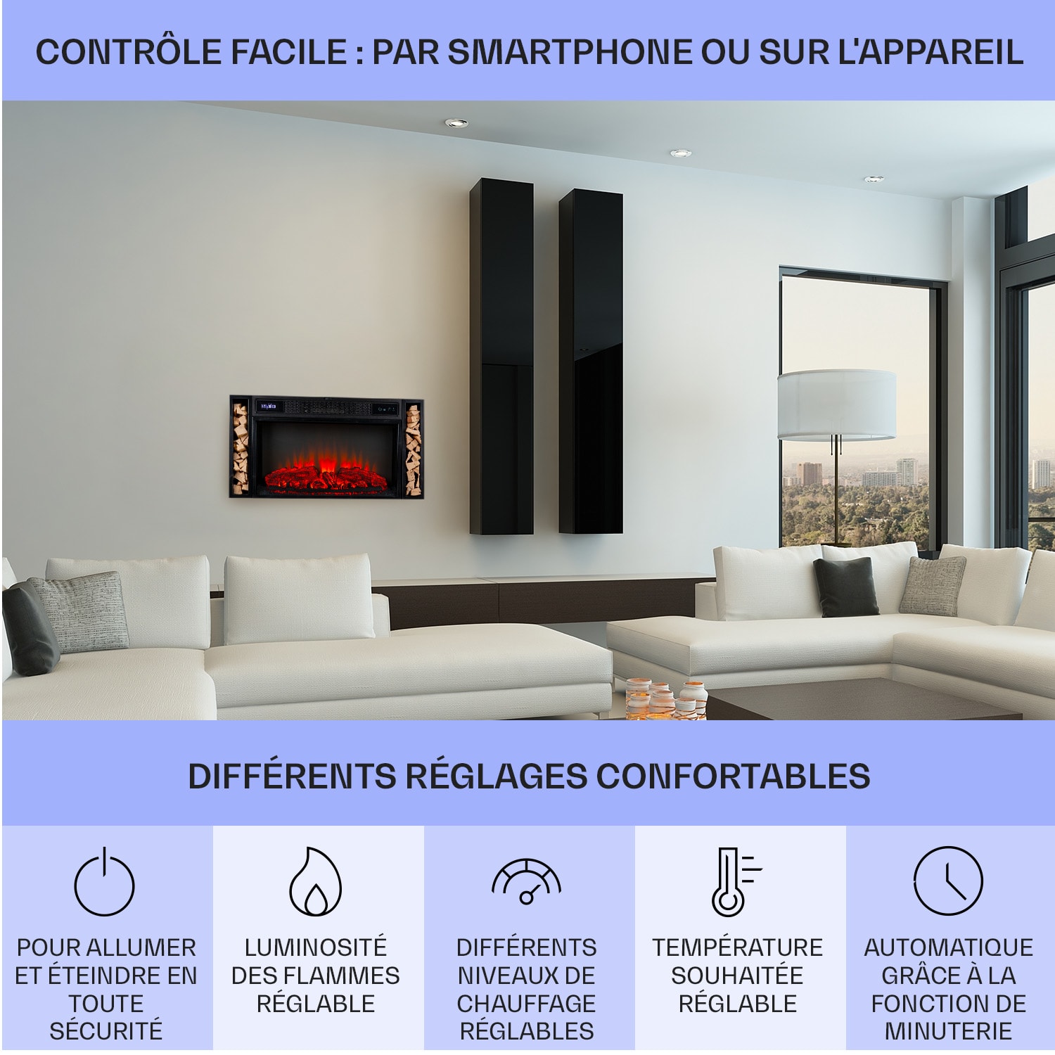 Villarrica Cheminée électrique 1900 W Technologie LED encastrement mural Télécommande  