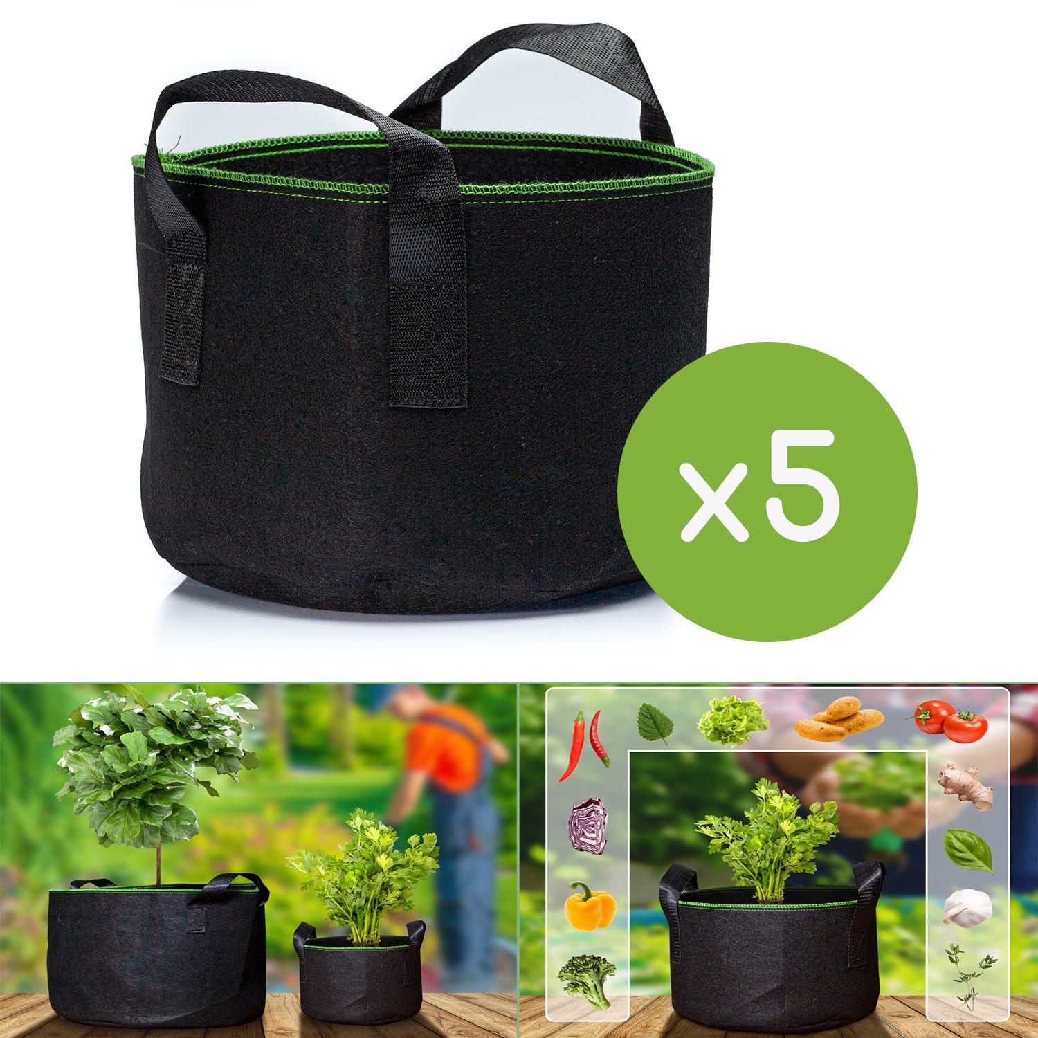 Doniczka materiałowa, zestaw 5 sztuk, 20 l, włóknina z uchwytami 20 L