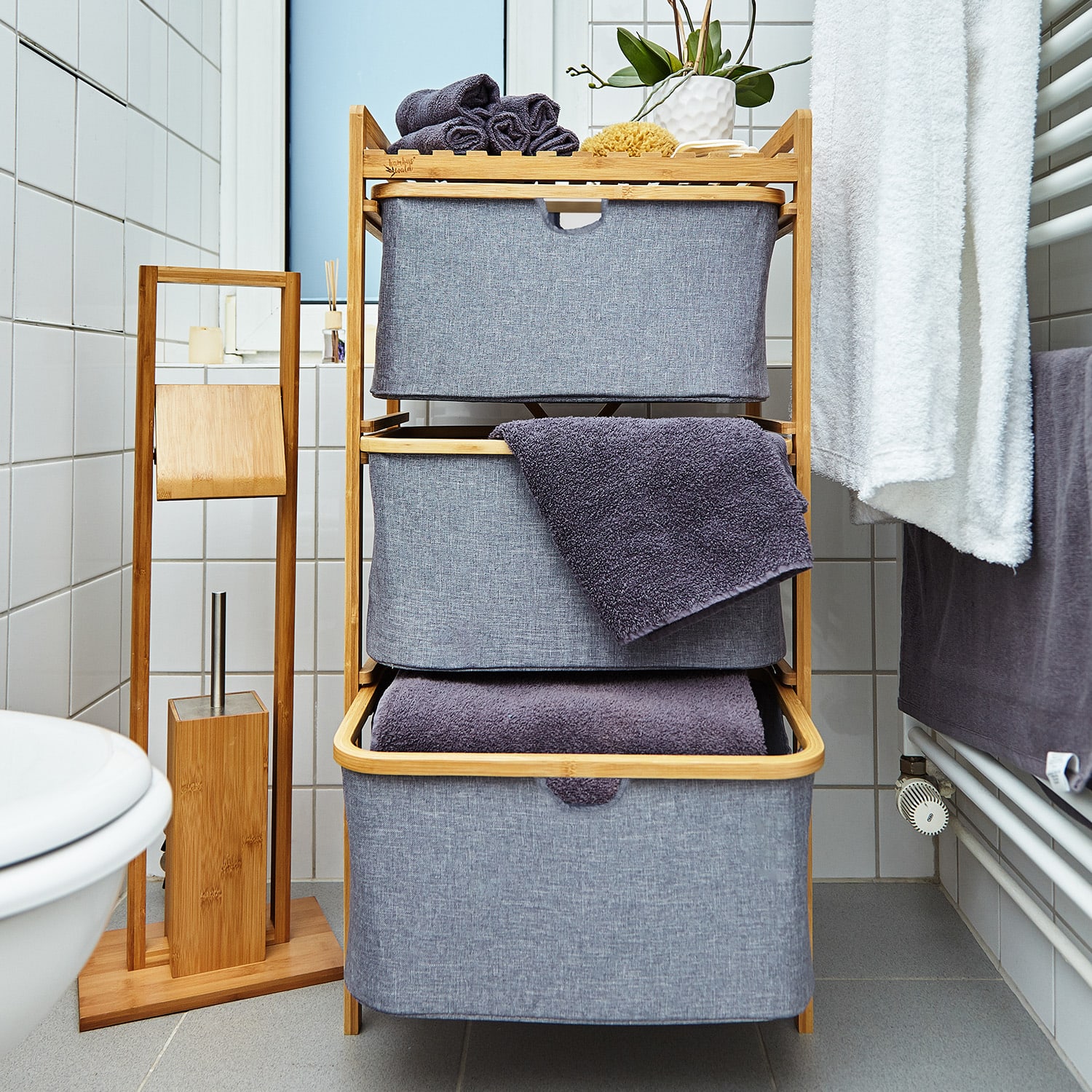 Polica za perilo, 3 predali, 3 nivoji, bambus, bombaž 