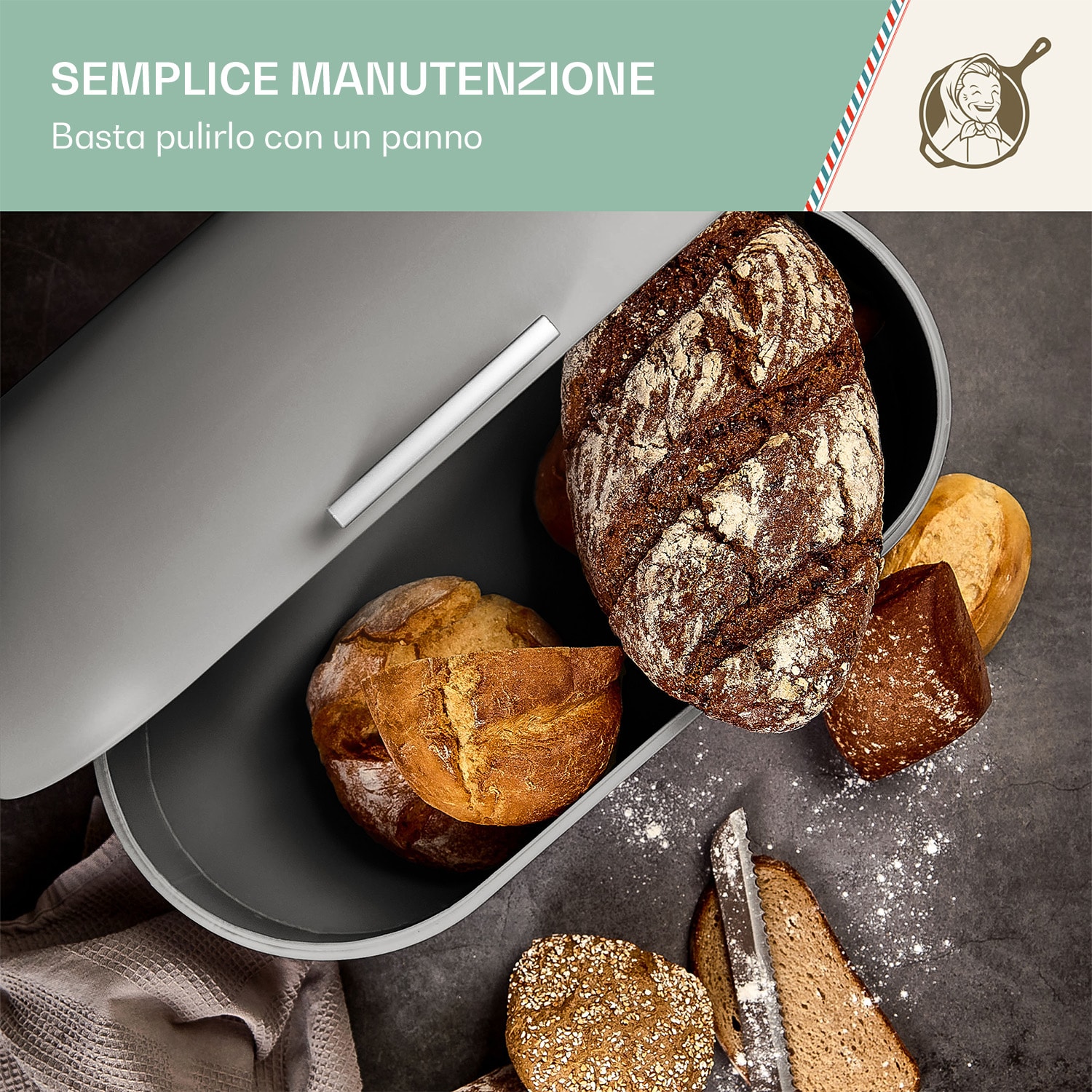 Cassetta portapane in lamiera metallica, con impugnatura di legno, mantiene perfettamente gli aromi, look rétro Grigio cenere
