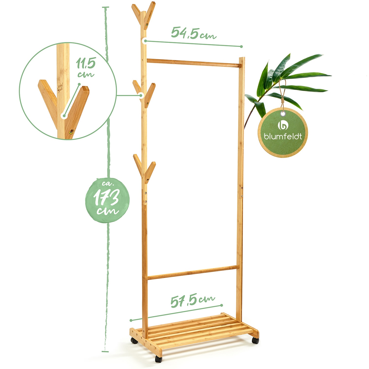 Naulakko hyllyllä, vaateteline, 57,5 x 173 cm, epäsymmetristä  designia, bambua 