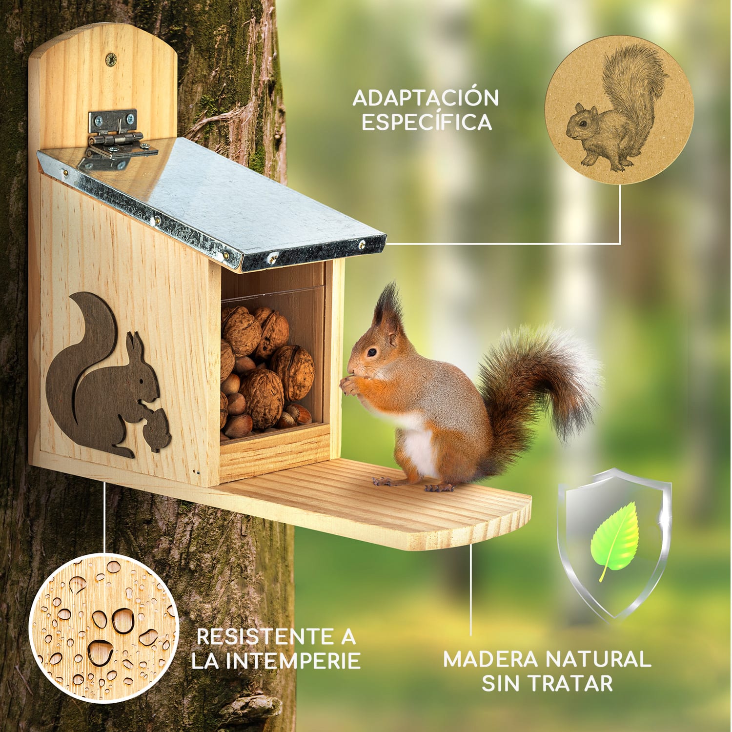 Comedero para ardillas techo en punta de madera de pino sin tratar 