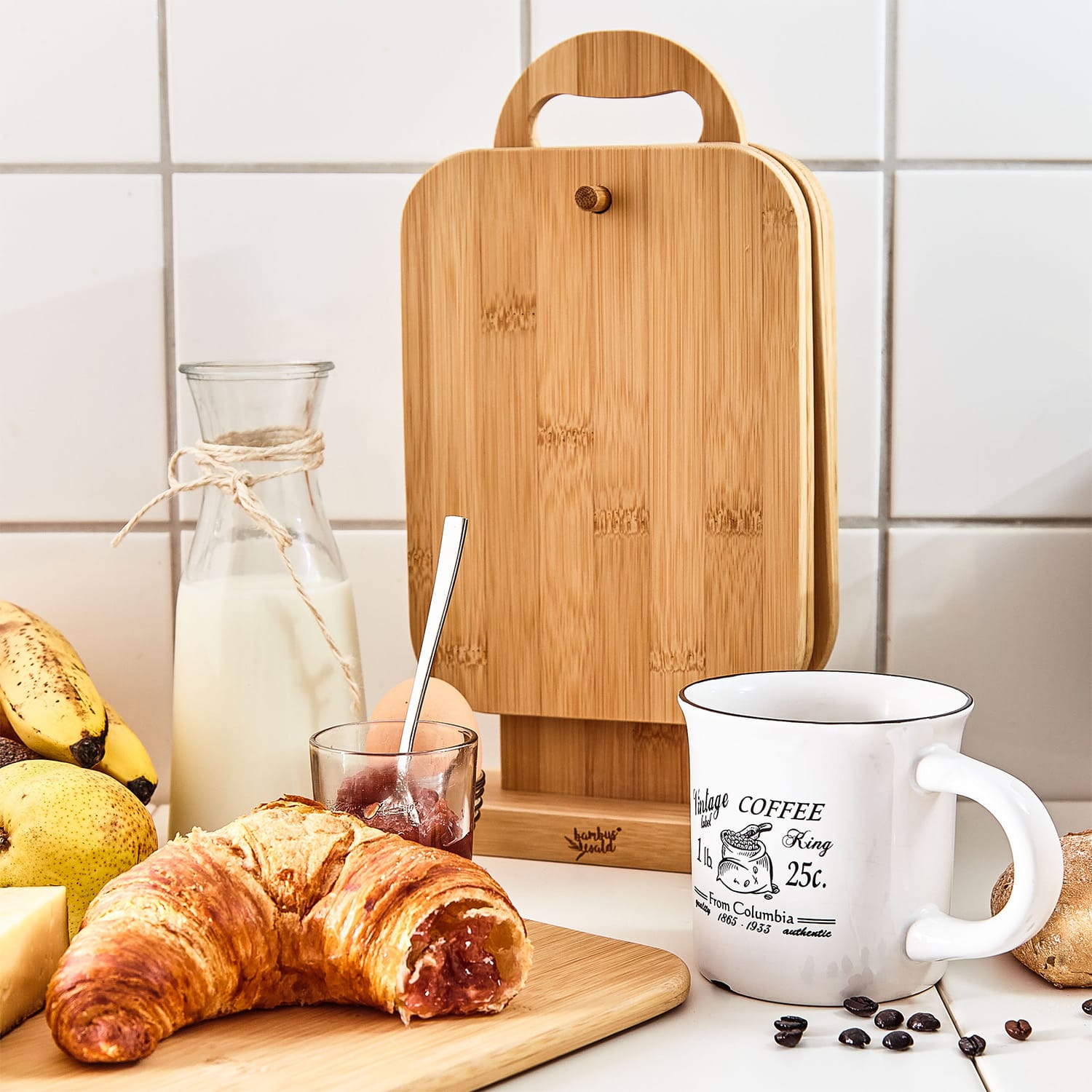 Bambusové snídaňové desky se stojanem, 6 dílná sada, 22 x 0,9 x 16 cm, snadná údržba 