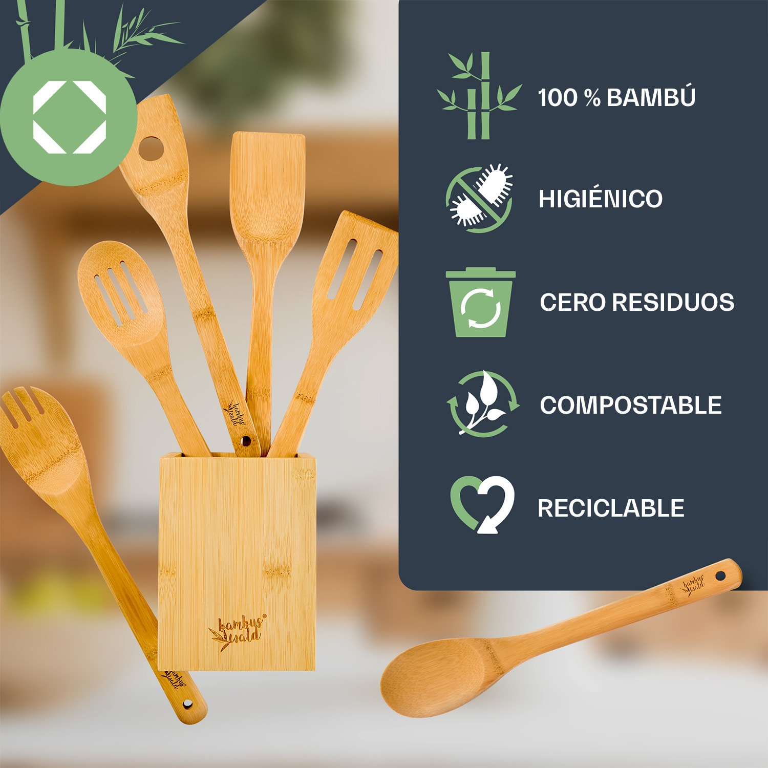 Juego de 6 utensilios de cocina con soporte Sostenible Ligero   Bambú 