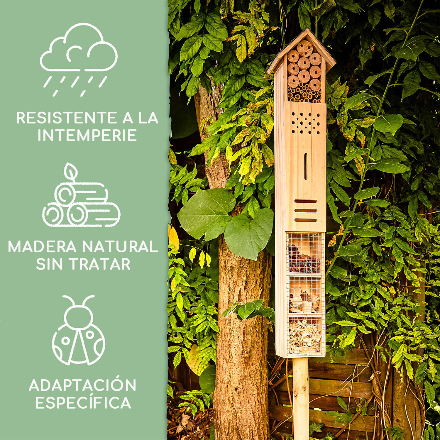 Hotel para insectos de madera con poste para todo el año 
