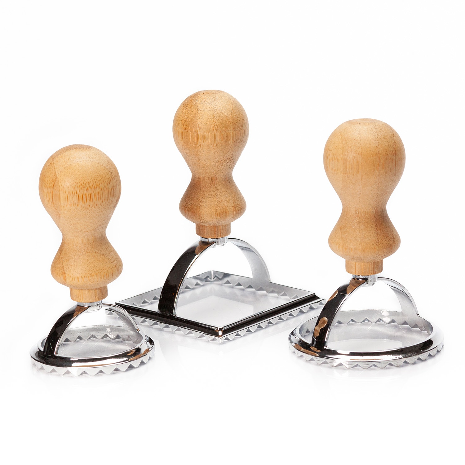 Juego de cortadores de raviolis de 3 tamaños Redondos y cuadrados Metal y bambú