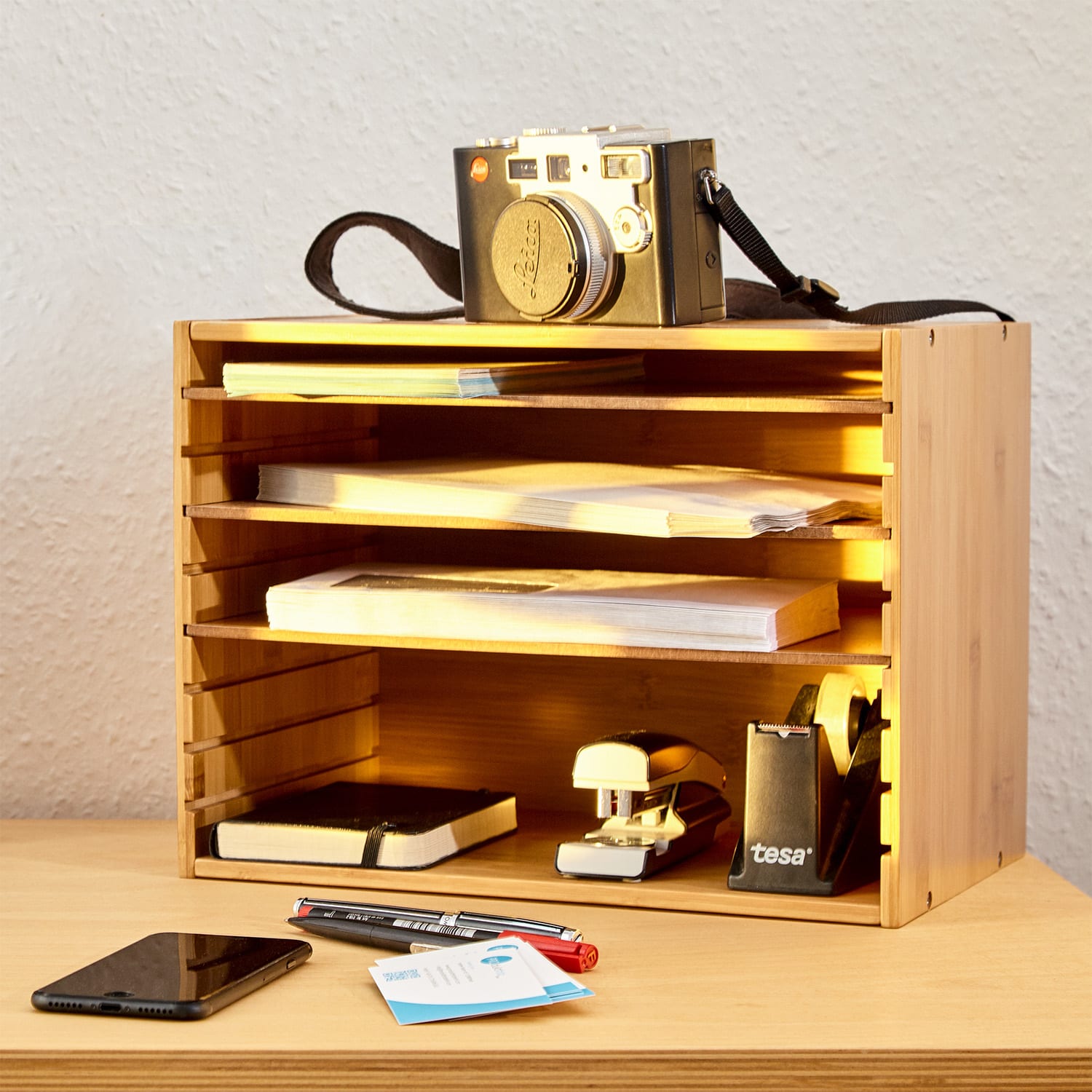 Boîte de classement boîte aux lettres organisateur 5 compartiments Dimensions : 30,5x24x22,5 cm bambou 