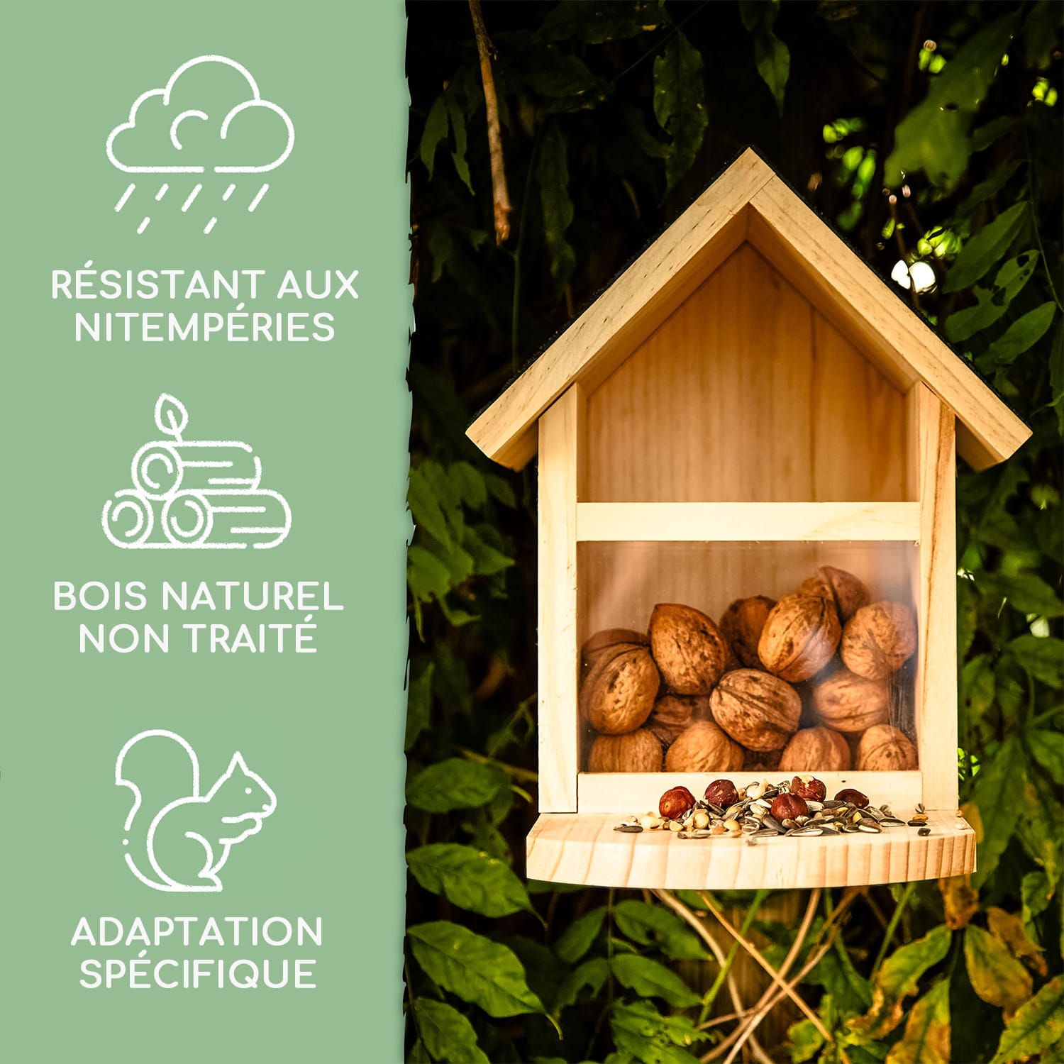 Mangeoire pour écureuils toit en pente bois de pin bitume non traité 