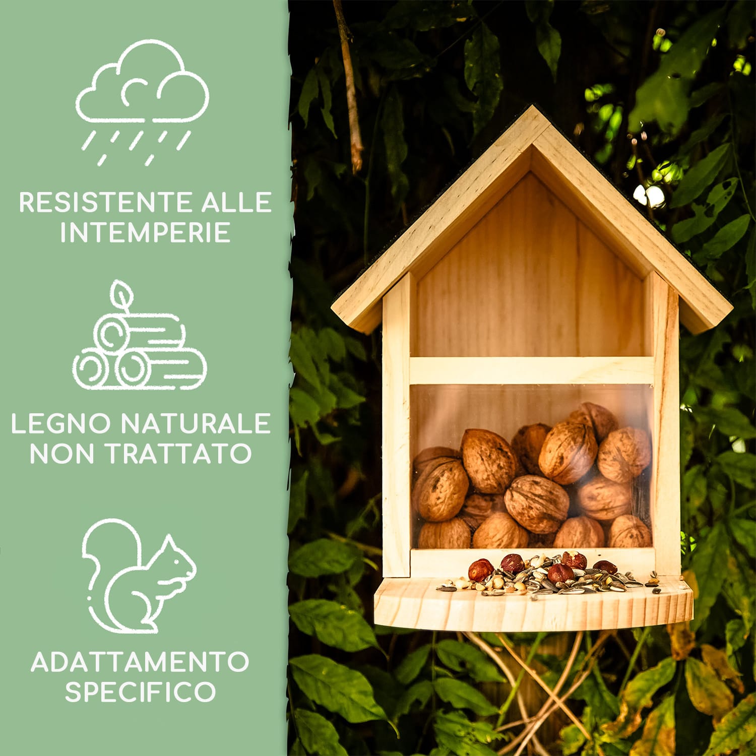 Mangiatoia per scoiattoli tetto a due falde legno di pino catramato non trattato 