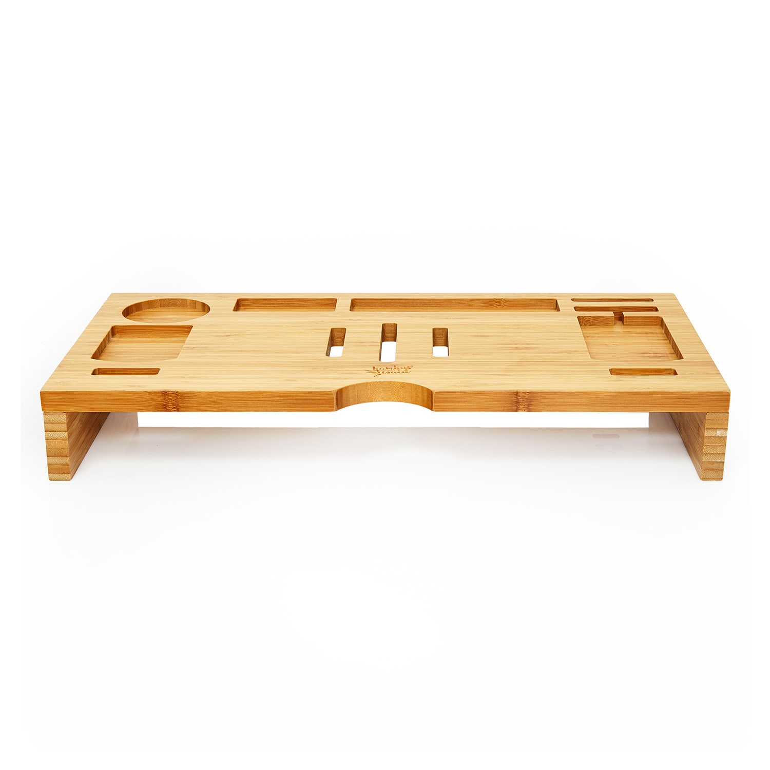 Soporte de monitor con ranuras de ventilación y compartimentos de almacenamiento 60x8,5x30 cm de bambú