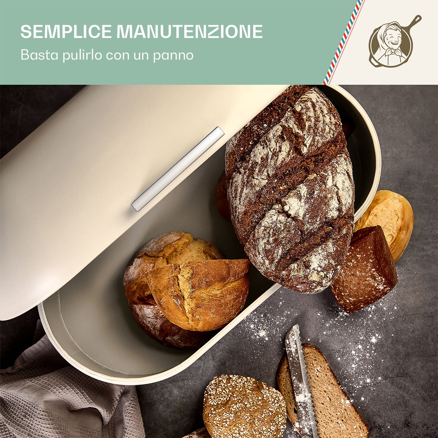 Cassetta portapane in lamiera metallica, con impugnatura di legno, mantiene perfettamente gli aromi, look rétro Crema vintage