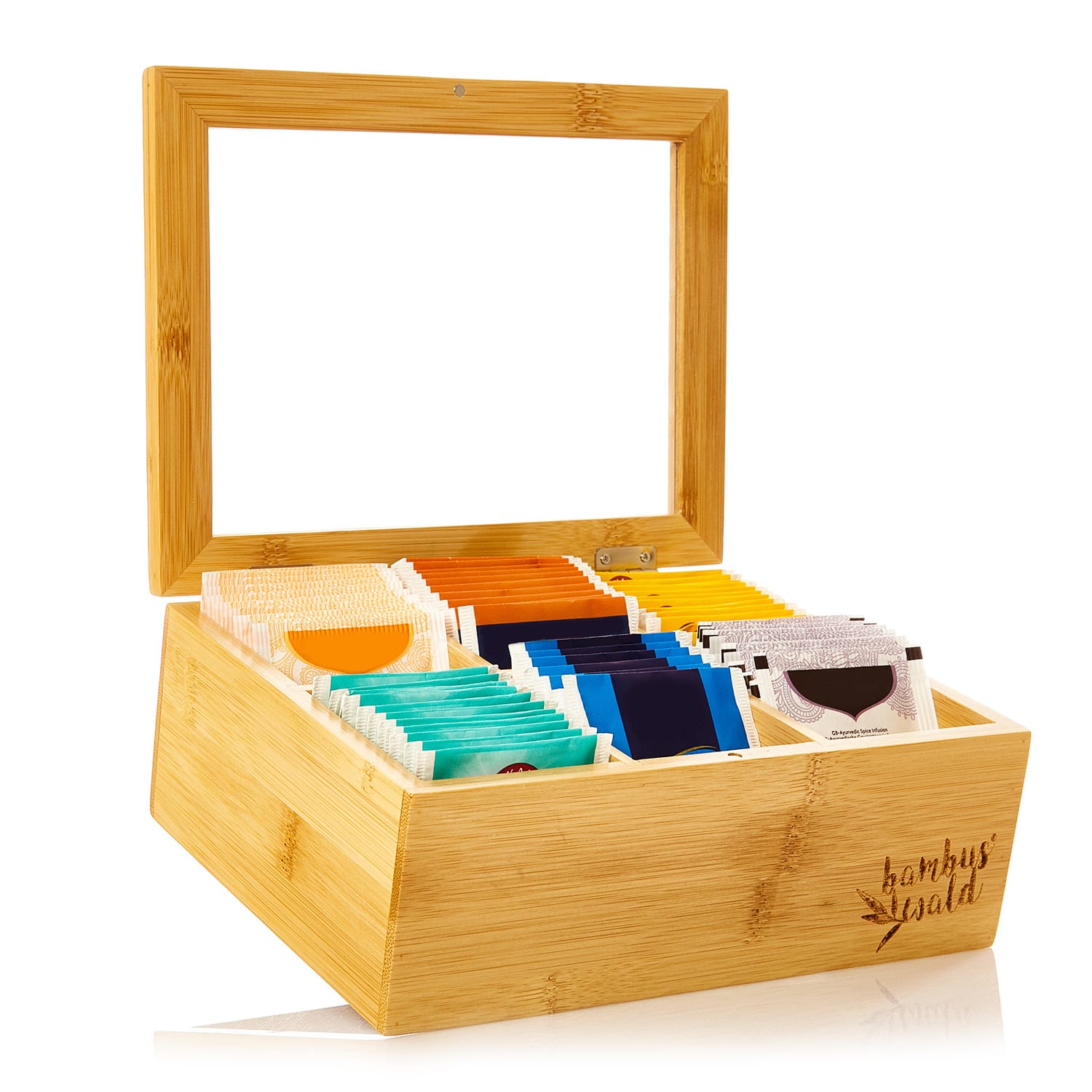 Krabička na čaj, 6 přihrádek, 90 čajových sáčků, průhledné plastové okénko 6 oddíly