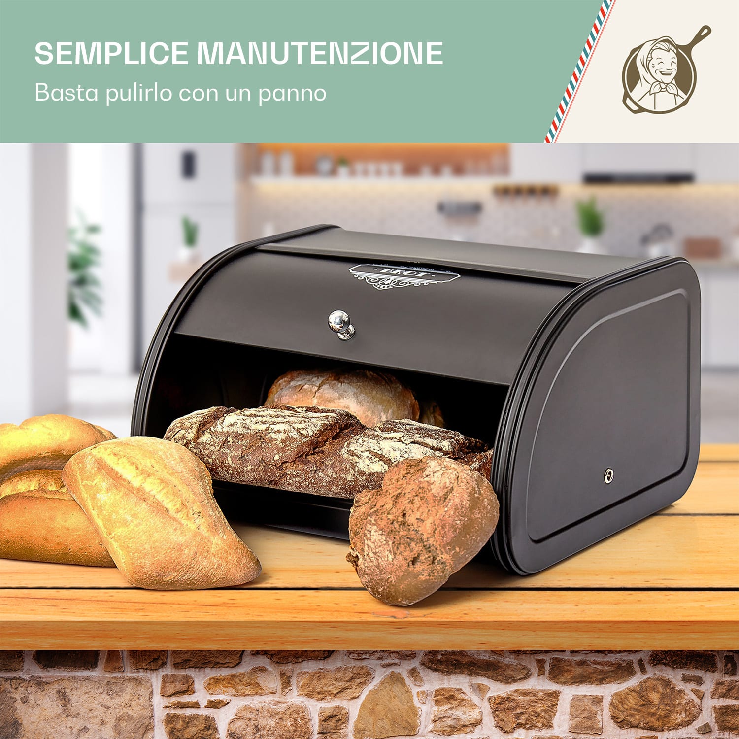 Cassetta portapane in lamiera metallica, con impugnatura, mantiene perfettamente gli aromi, look rétro 