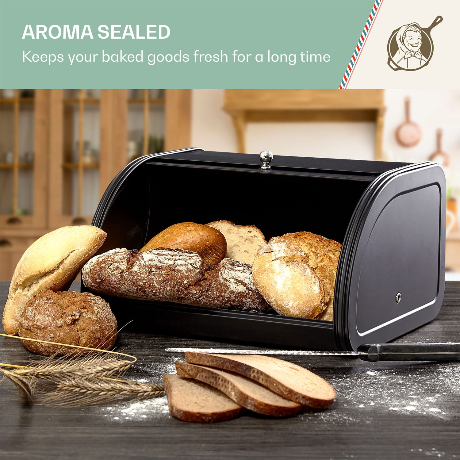 Metal bread box with knob made of sheet metal aroma-tight retro look 