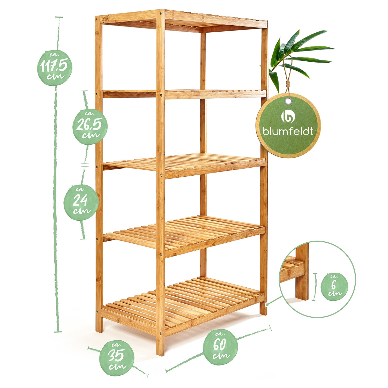 Étagère multifonctionnelle 5 niveaux 60x117,5x35cm (LxHxP) bambou 