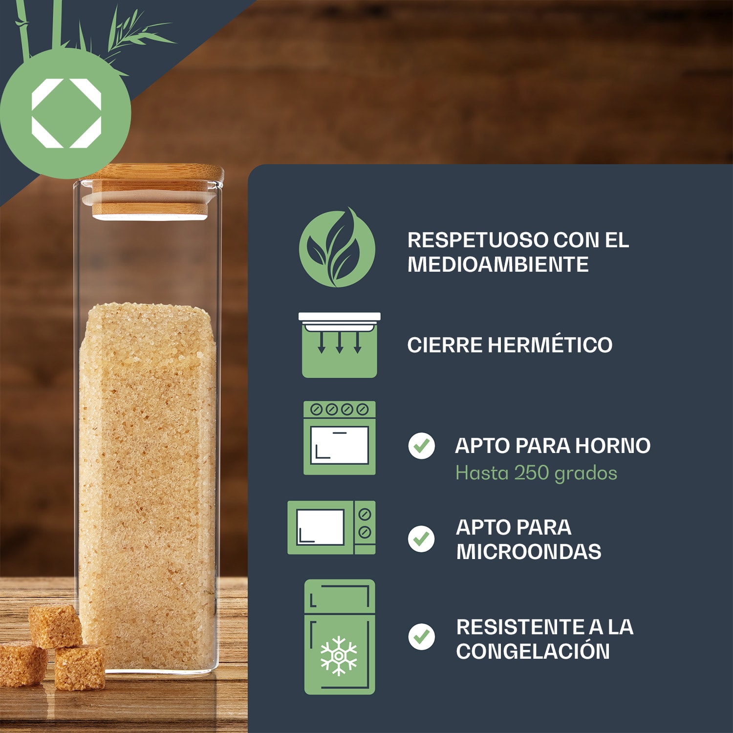 Tarro cuadrado con tapa de bambú Hermético con anillo de silicona 10 x 25 x 10 cm