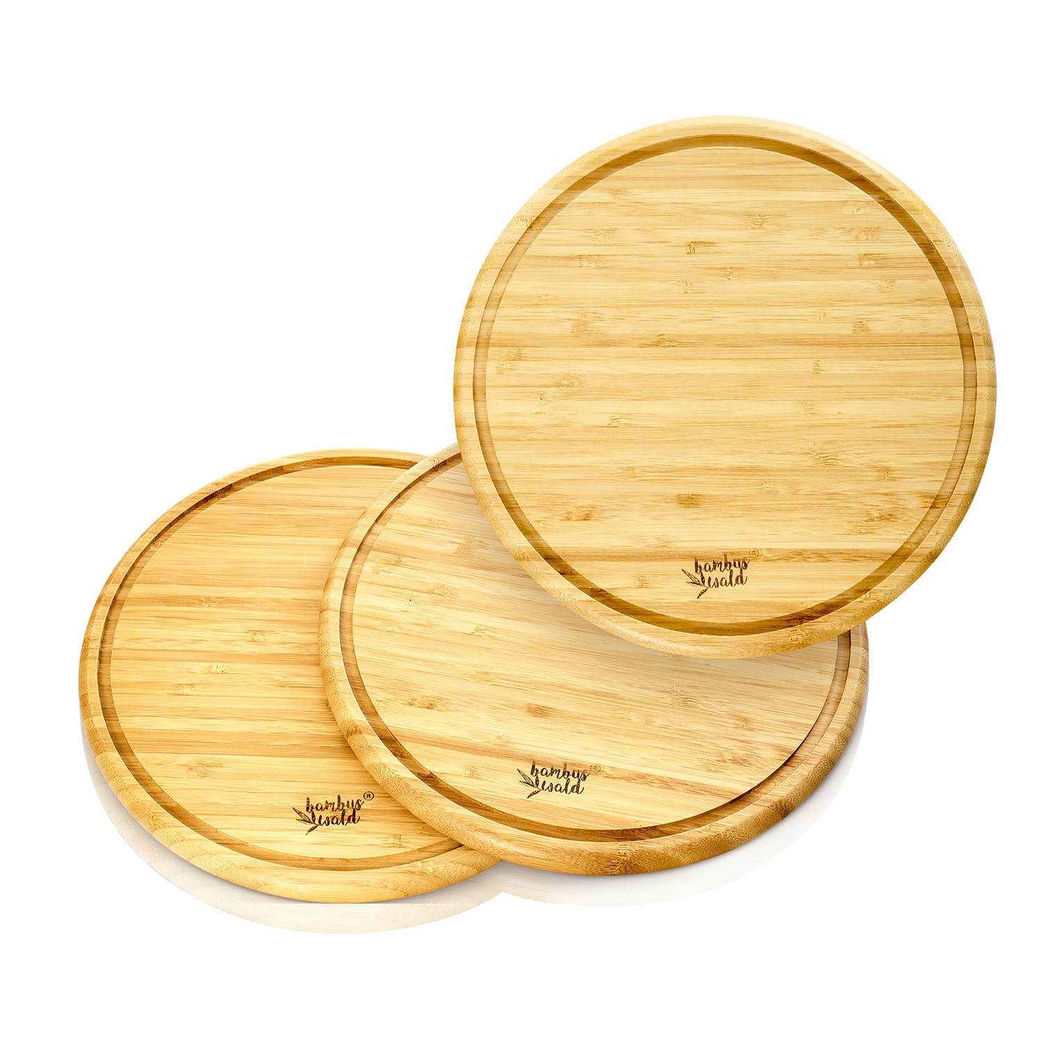 Set din 3 piese, platouri pentru mic dejun din bambus, rotunde, 25 x 1,6 cm (ØxÎ), întreținere ușoară 
