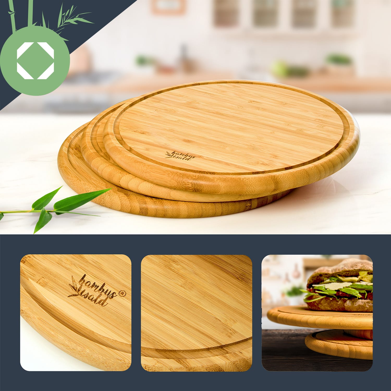 3-dielna súprava bambusových raňajkových dosiek, okrúhle, 25 x 1,6 cm (ØxV), jednoduchá údržba 